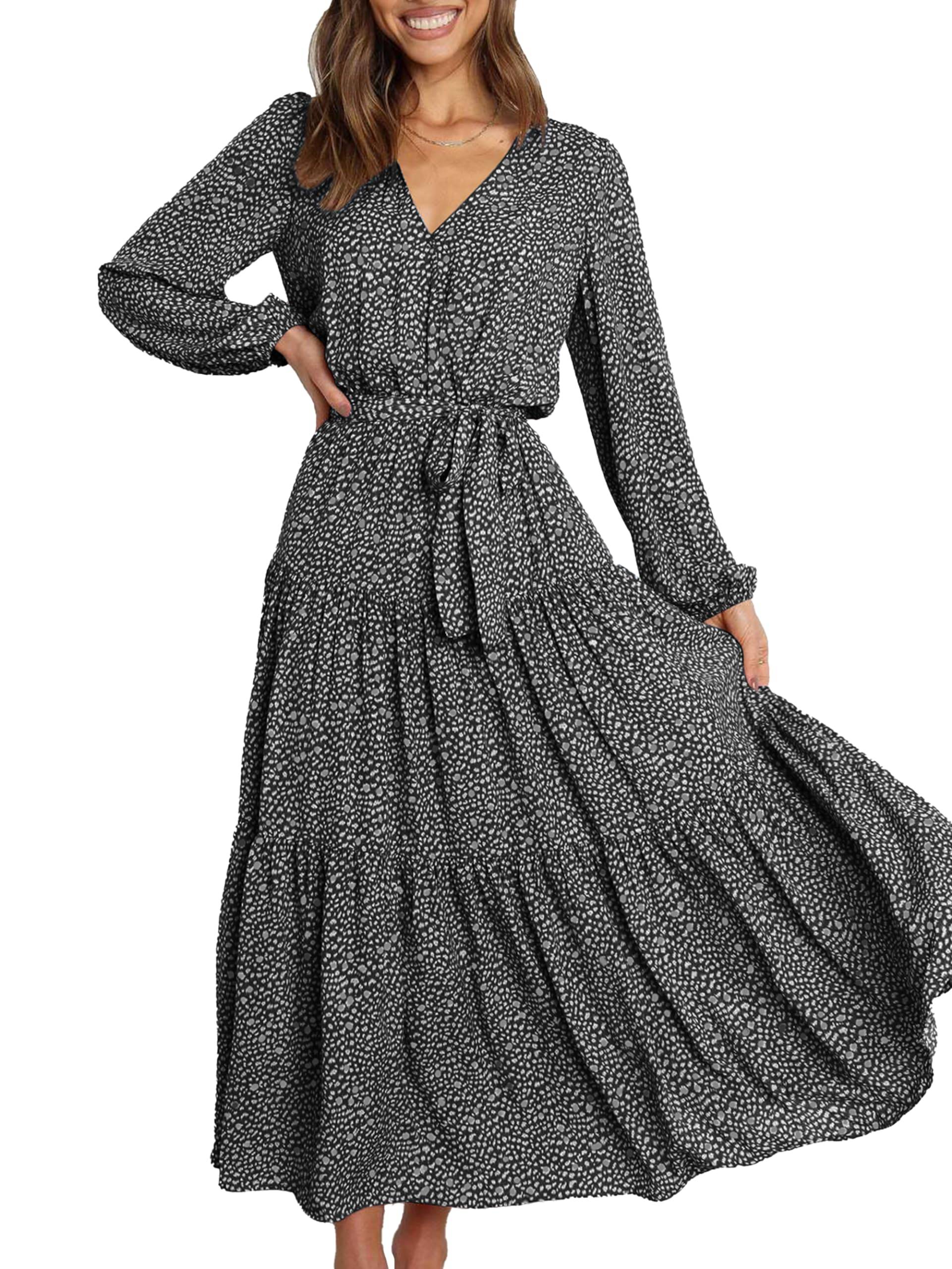 Womens Long Sleeve V Neck Floral Maxi Dress Boho