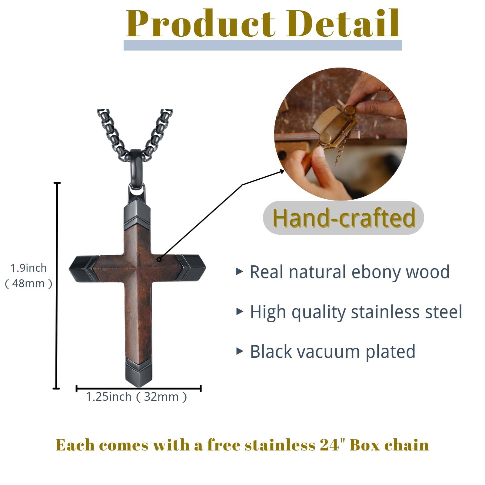 Wooden Cross Necklace for Men, Black Stainless Steel Christian Wood Crucifix Pendant for Boys, Free Necklace 24" Box Chain