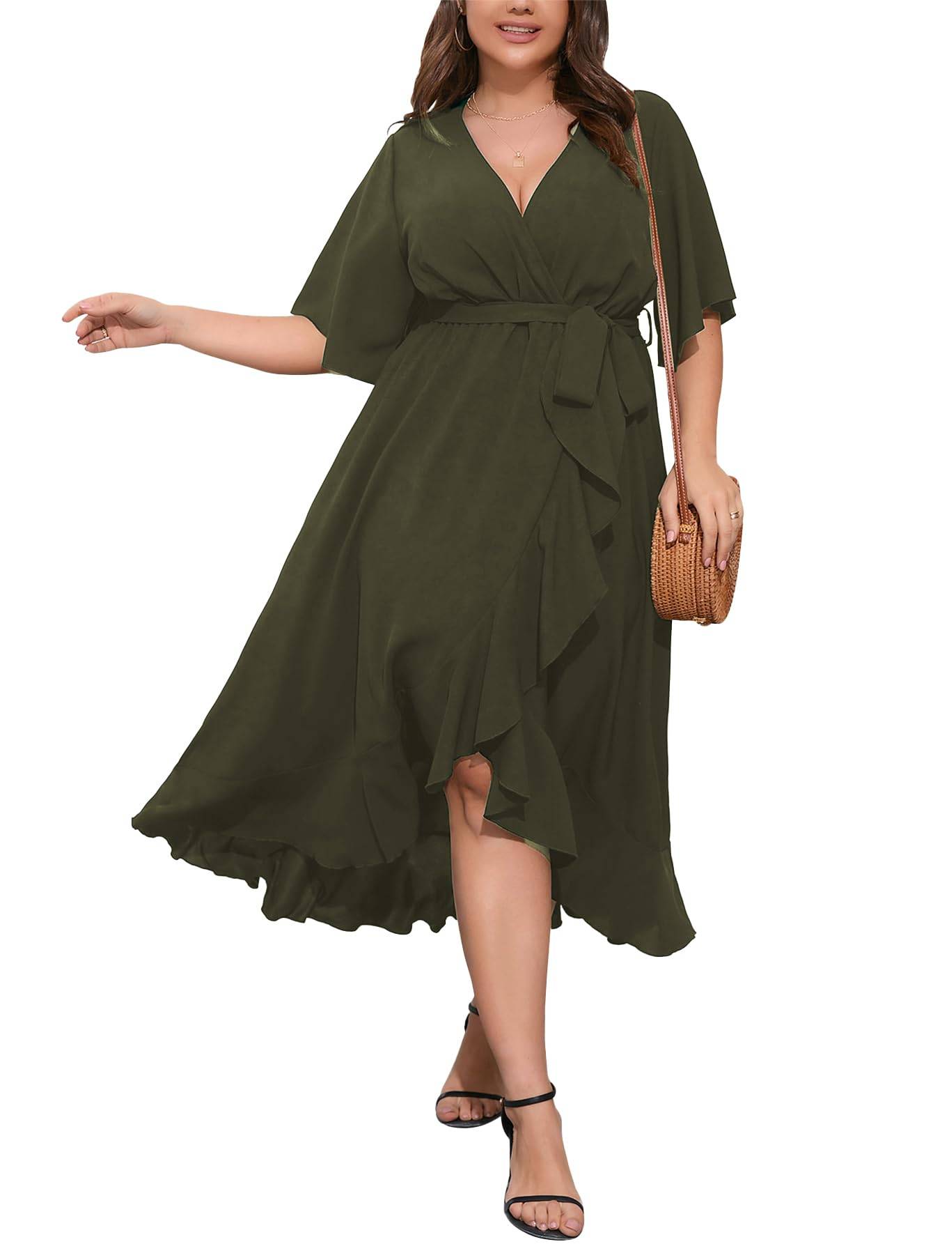 Women Plus Size Short Sleeve Wrap V Neck Dress