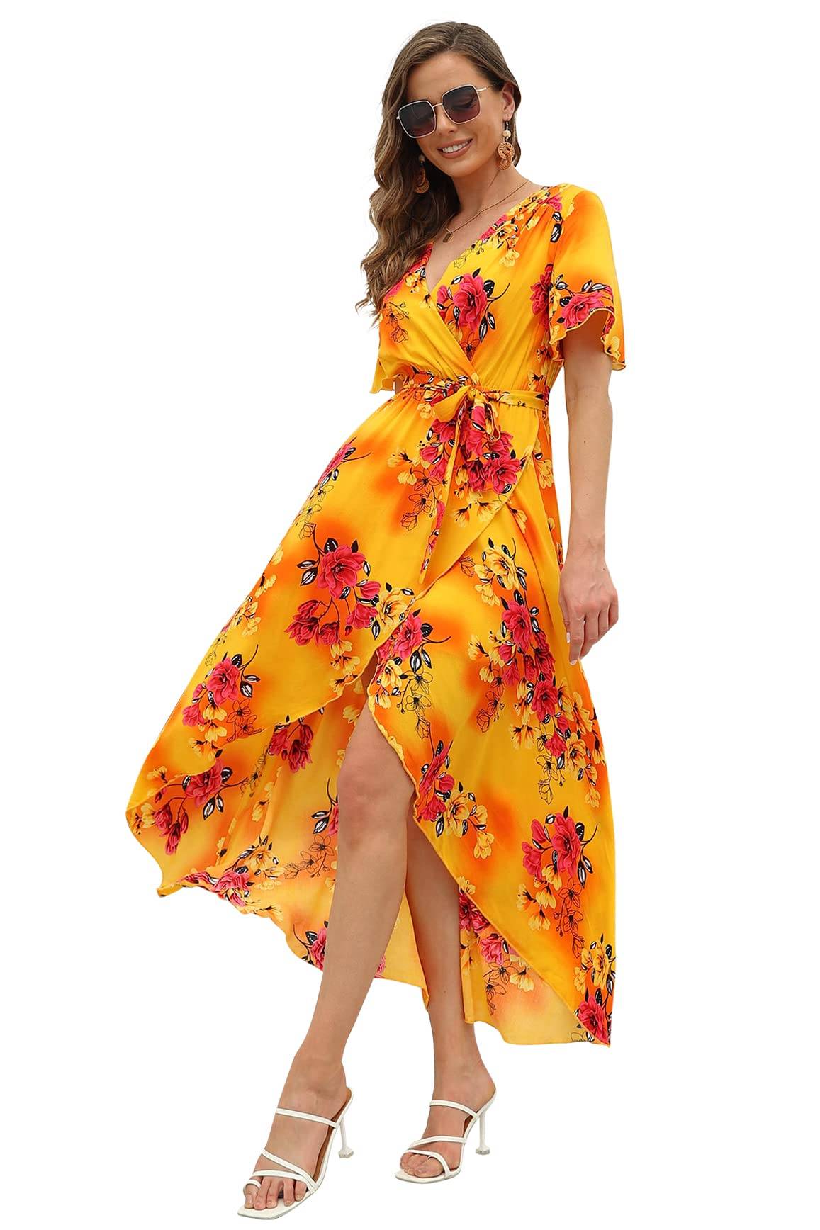 Women's Wrap V Neck Floral Summer Dresses Maxi