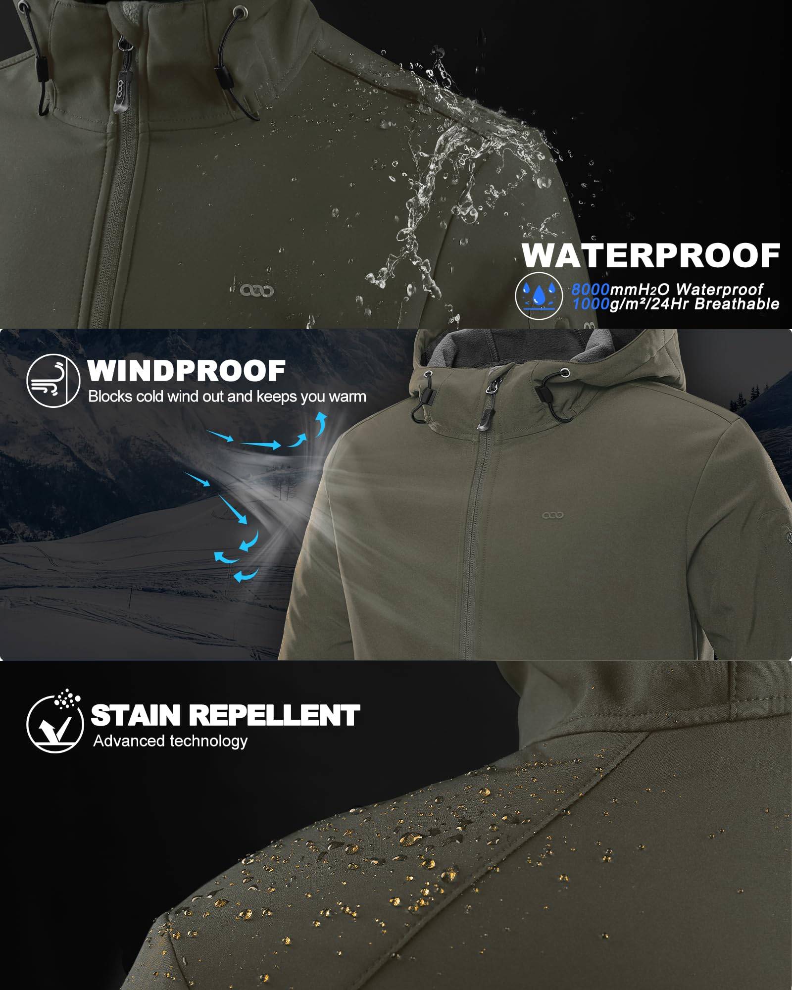 Men's Hooded Softshell Jacket Waterproof Lightweight Insulated Windbreaker Fleece Lined Rain Shell Jacket