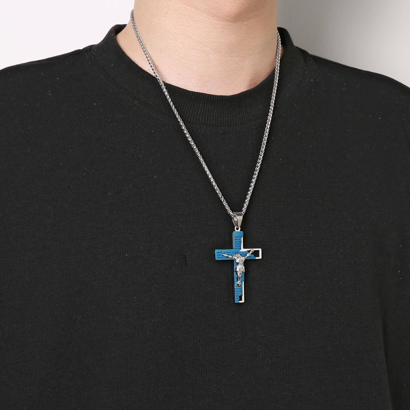 Men's Stainless Steel Cross Crucifix Bible Prayer Pendant Necklace 22+2" Chain