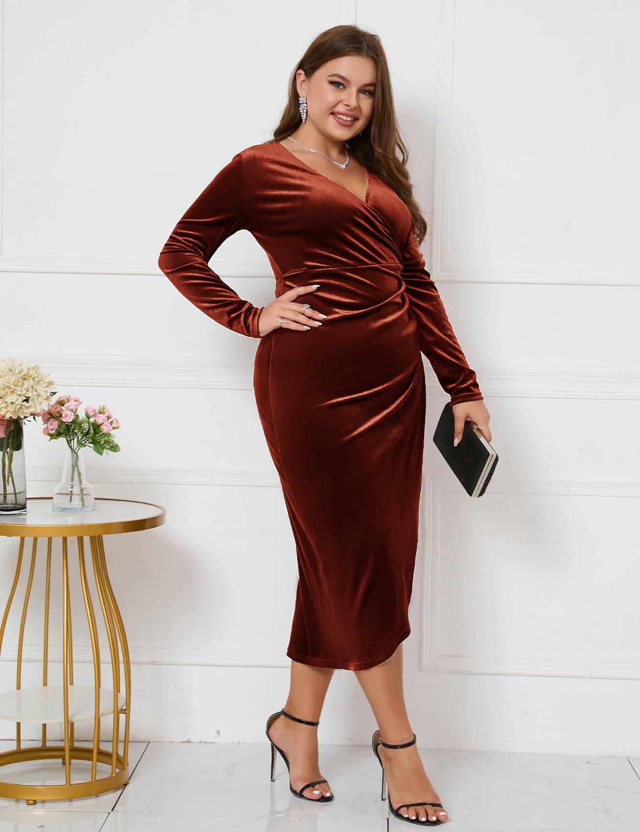 Plus Size Wrap Long Sleeves Ruffle Party Dress