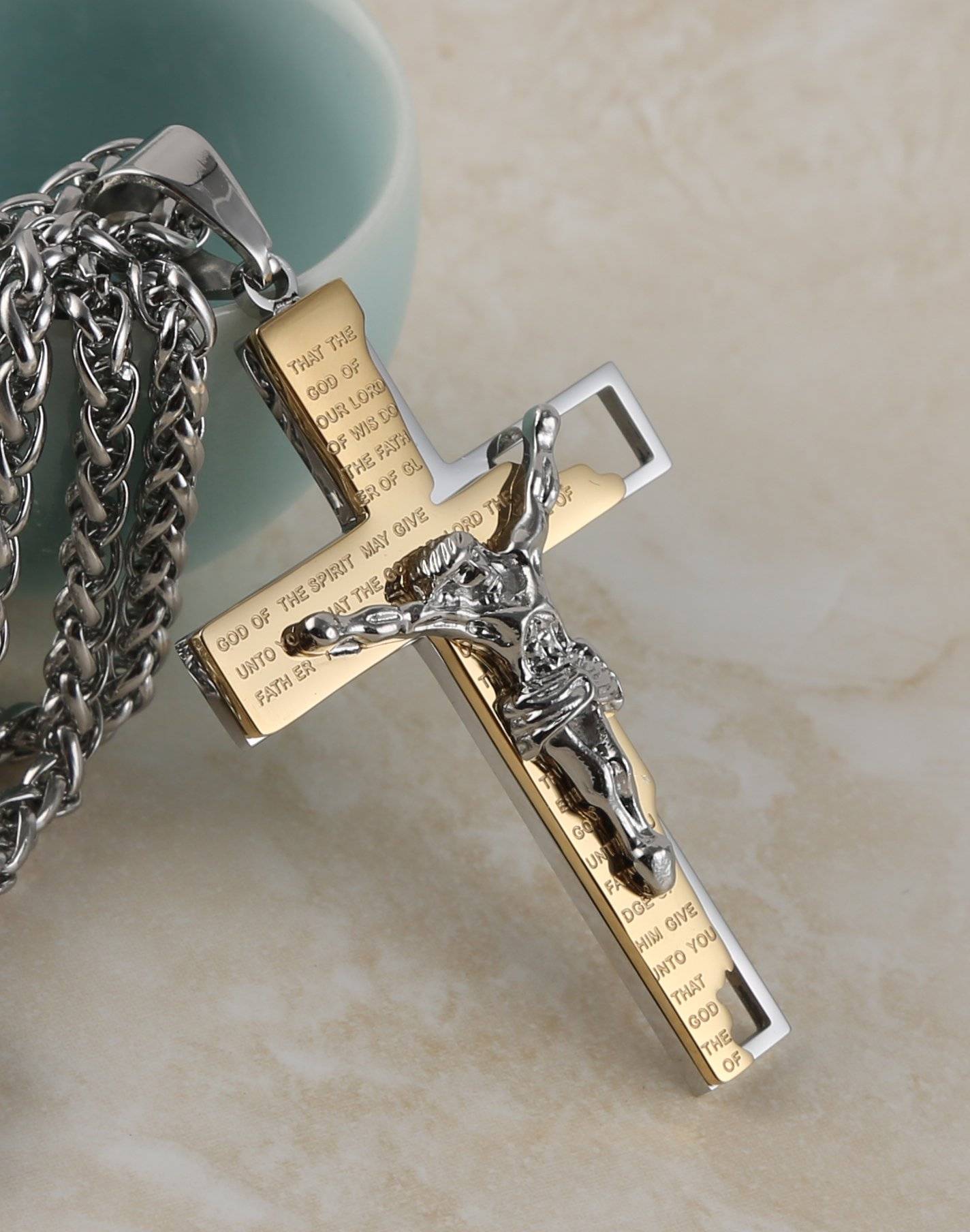 Men's Stainless Steel Cross Crucifix Bible Prayer Pendant Necklace 22+2" Chain