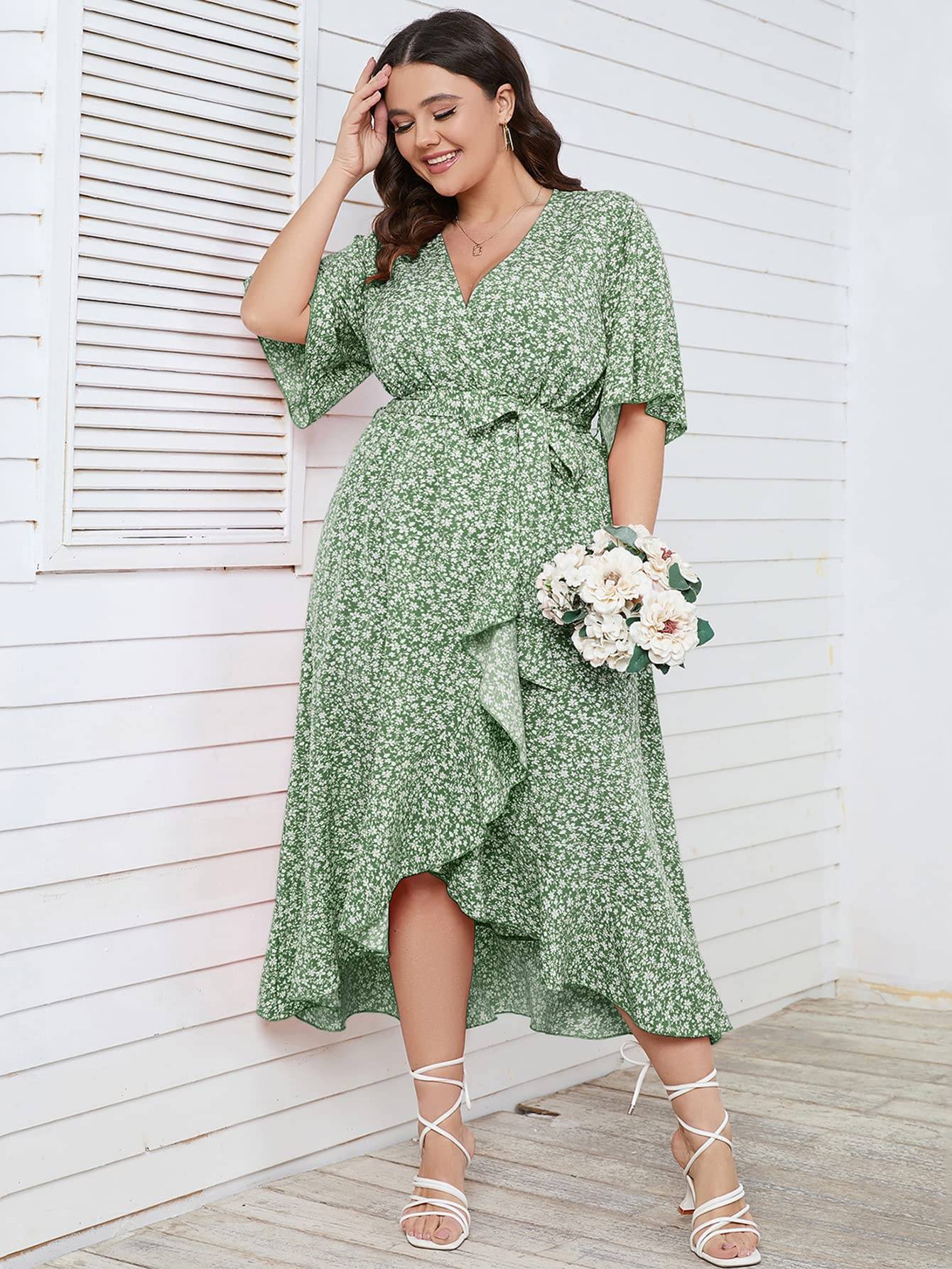 Women Plus Size Short Sleeve Wrap V Neck Dress