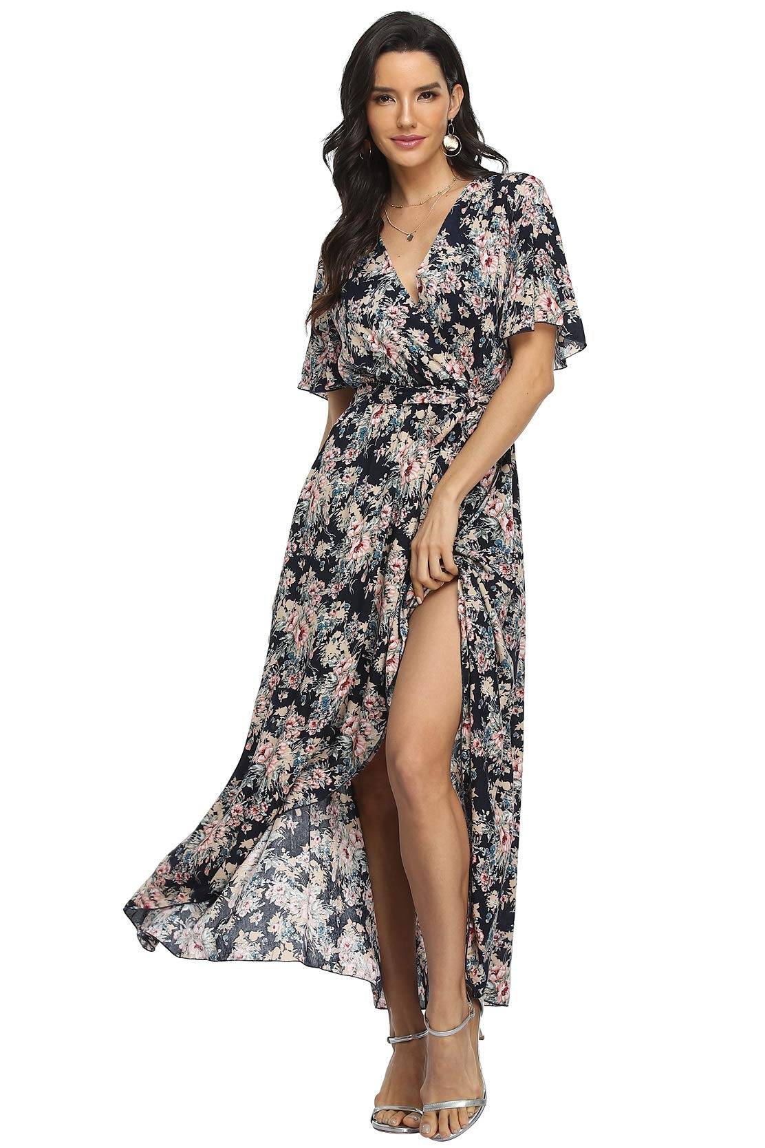 Women's Wrap V Neck Floral Summer Dresses Maxi