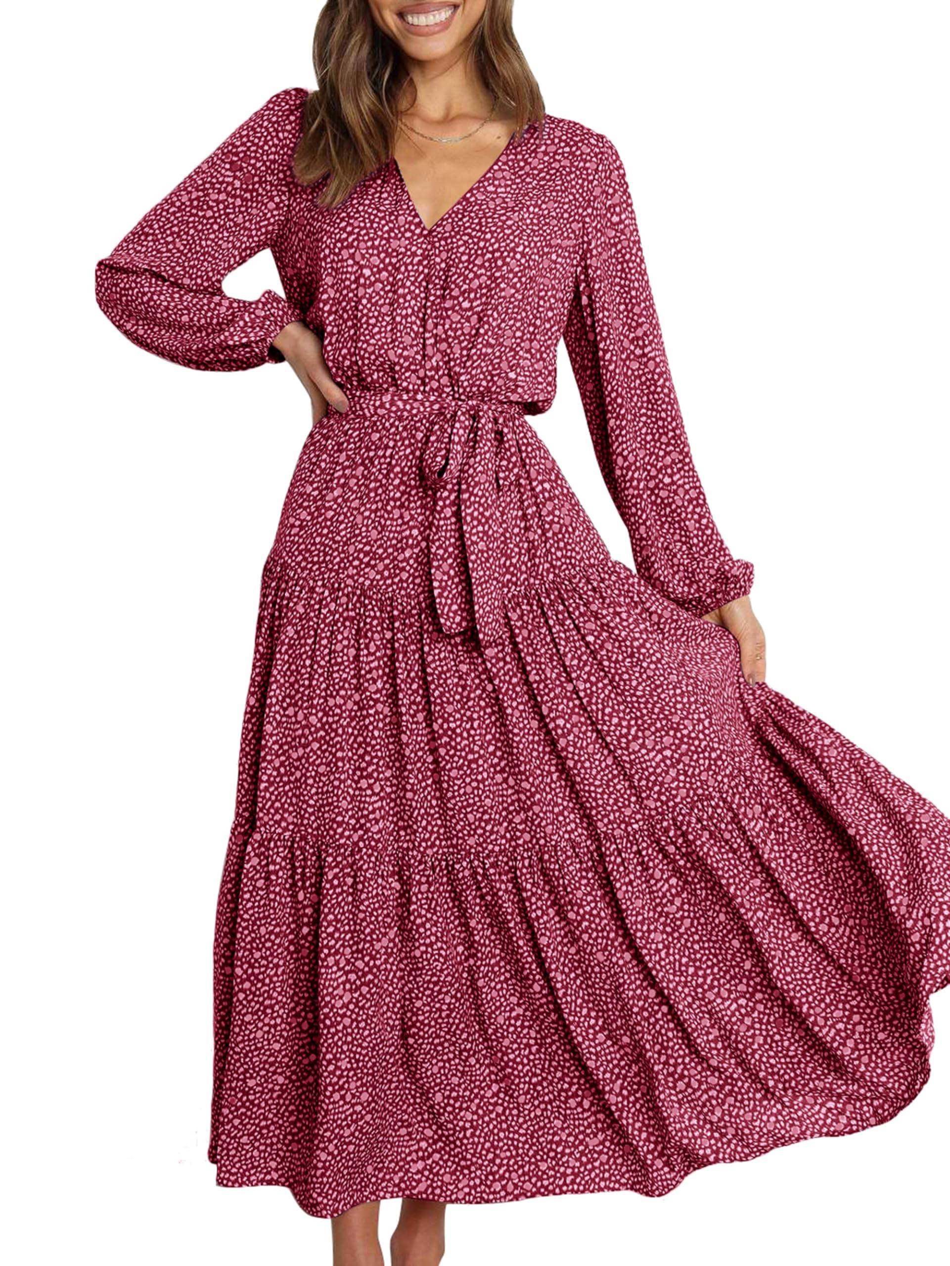 Womens Long Sleeve V Neck Floral Maxi Dress Boho