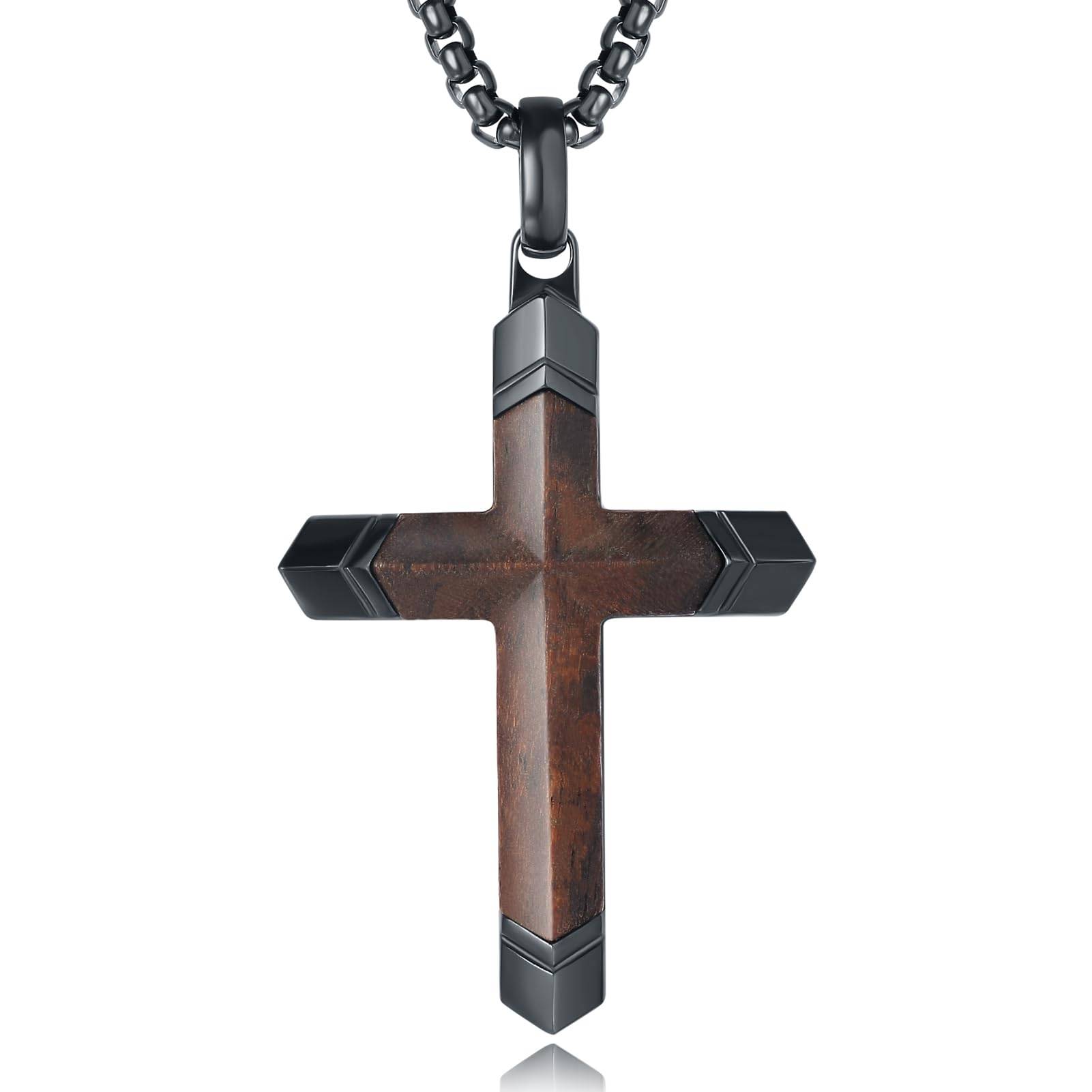 Wooden Cross Necklace for Men, Black Stainless Steel Christian Wood Crucifix Pendant for Boys, Free Necklace 24" Box Chain