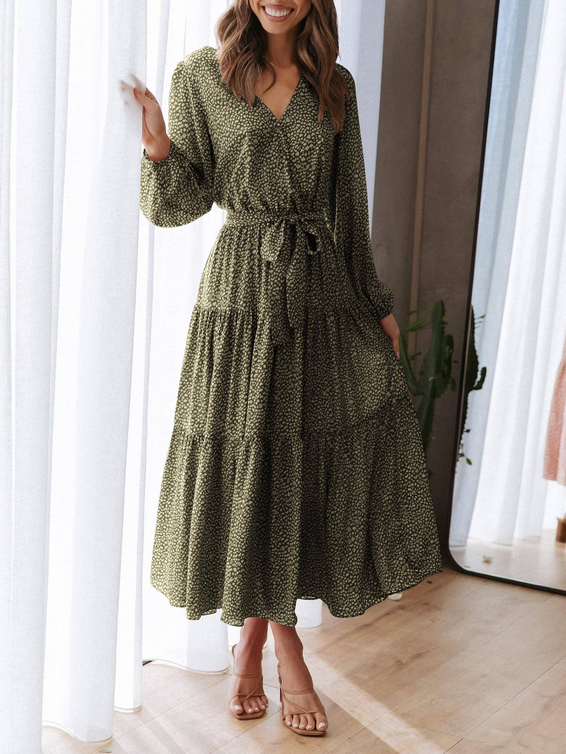 Womens Long Sleeve V Neck Floral Maxi Dress Boho