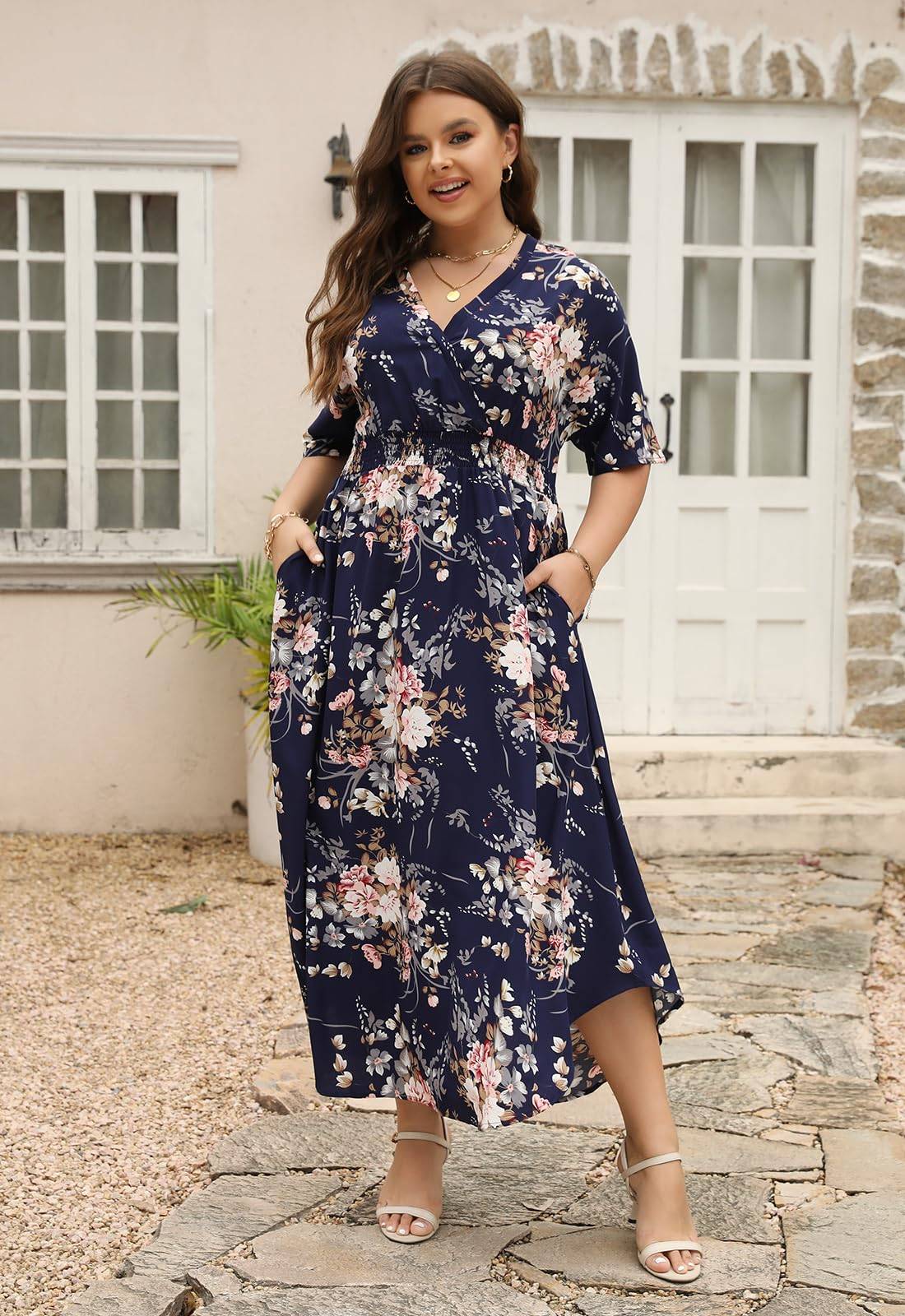 Womens Plus Size Boho Print Maxi Dress with Pocket