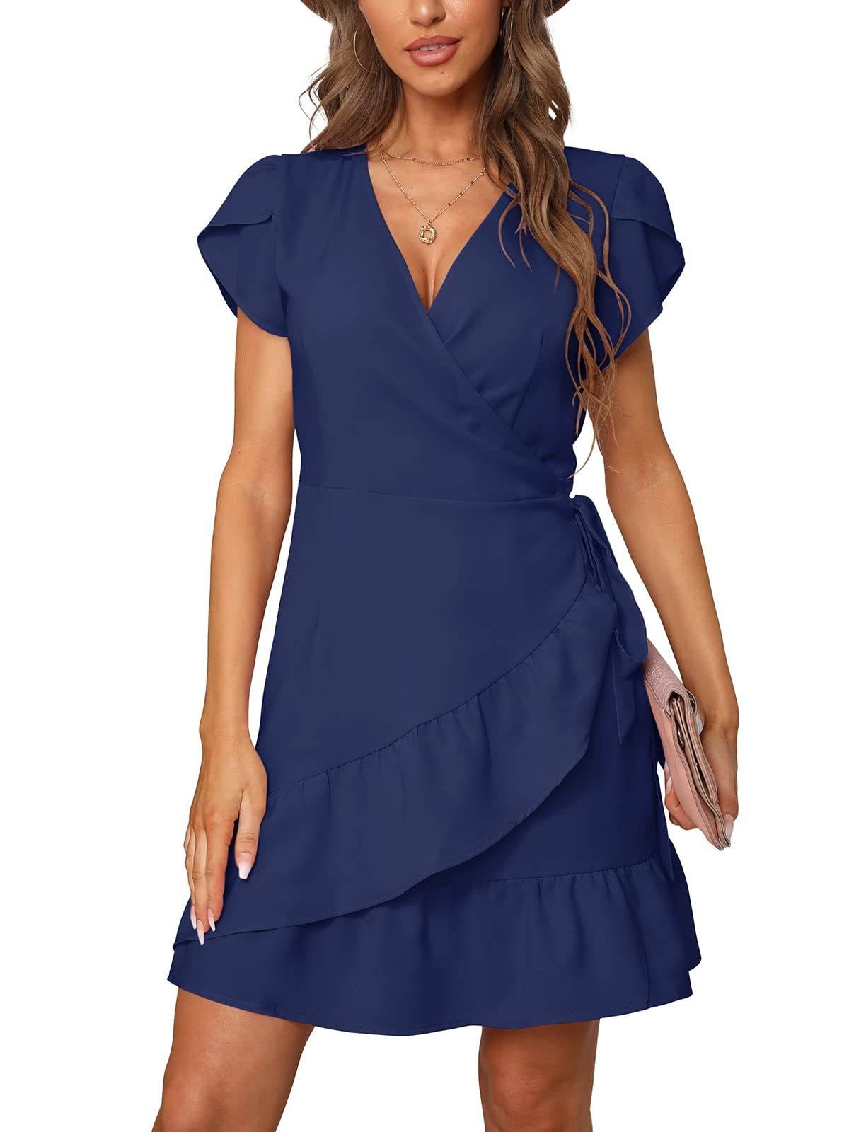 Summer V Neck Wrap Short Dress with Belt for Women