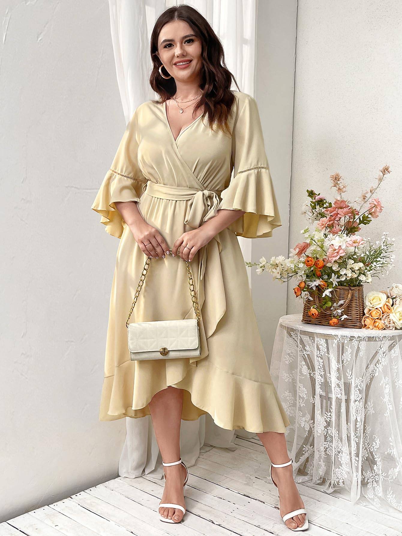 Women Plus Size Maxi Dress Wrap V Neck Dress