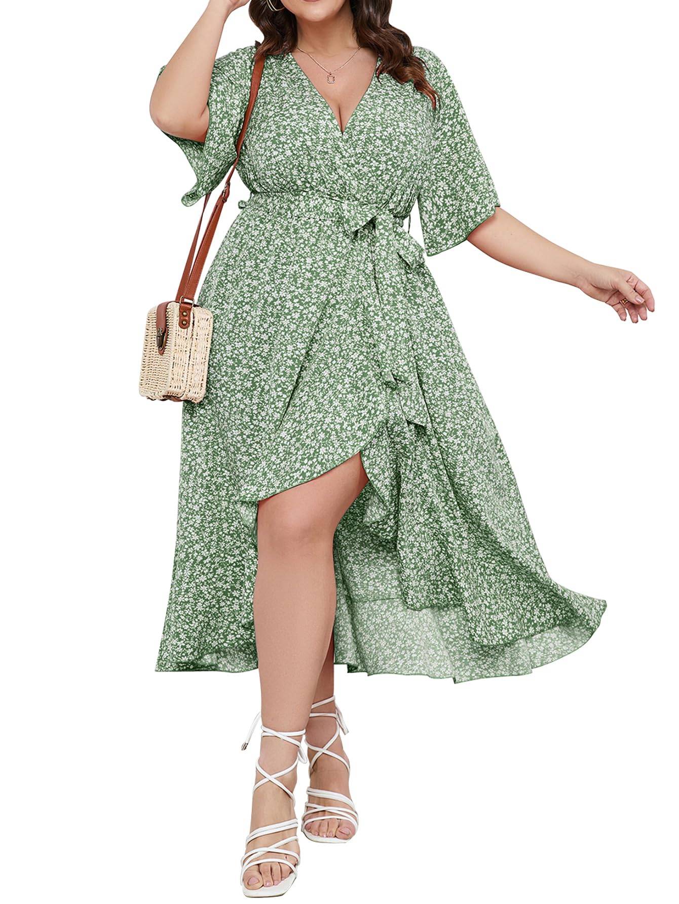 Women Plus Size Short Sleeve Wrap V Neck Dress