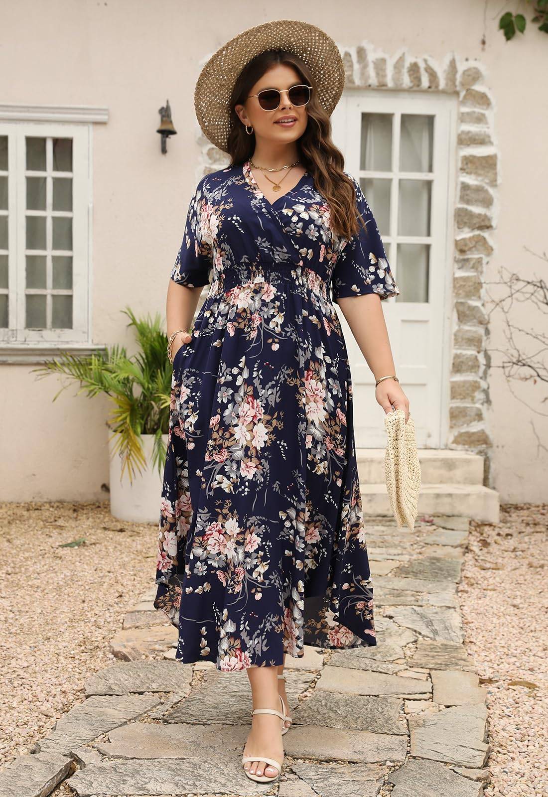 Womens Plus Size Boho Print Maxi Dress with Pocket