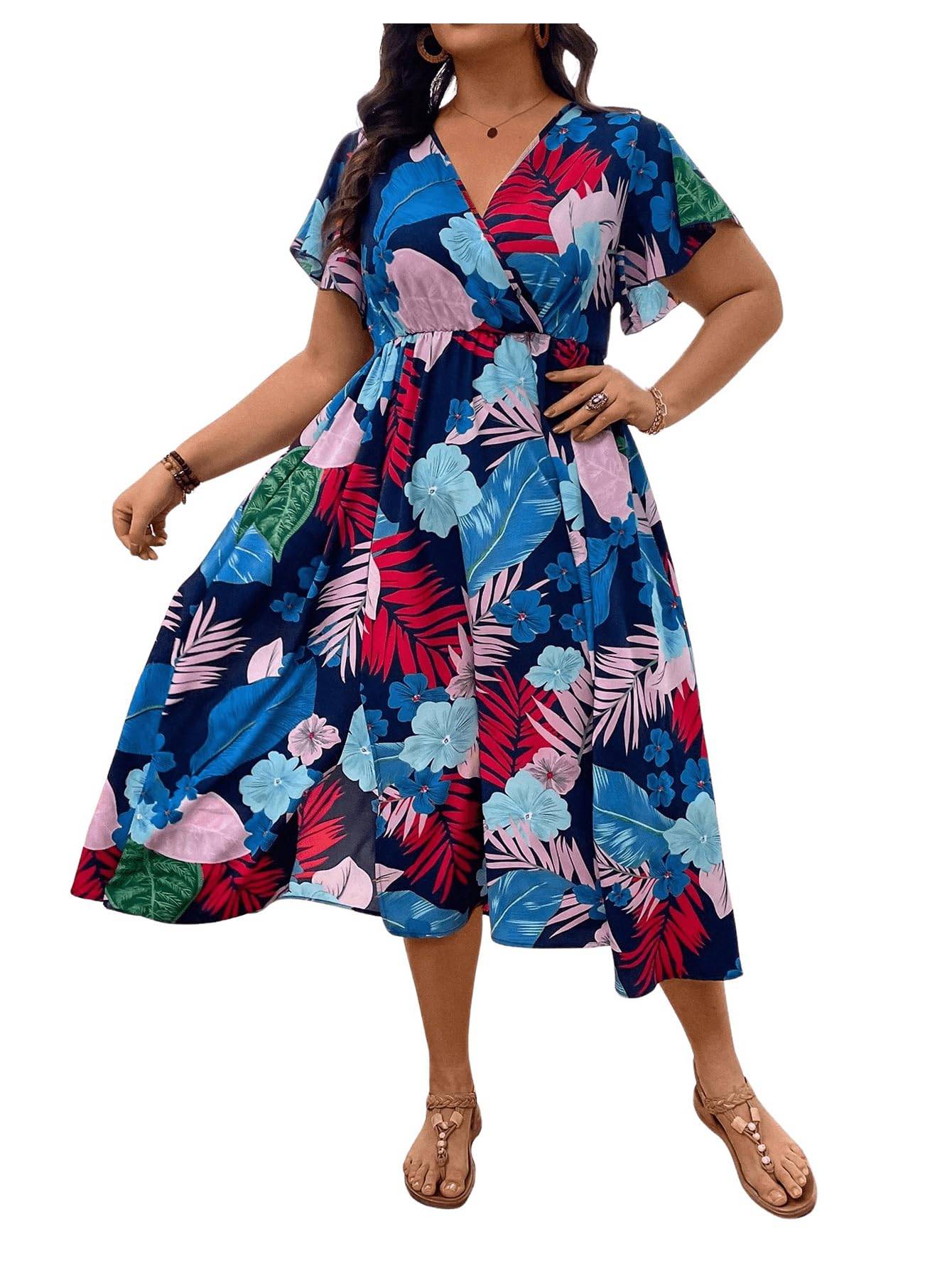 Women's Plus Size Boho Floral V Neck A Line Dress