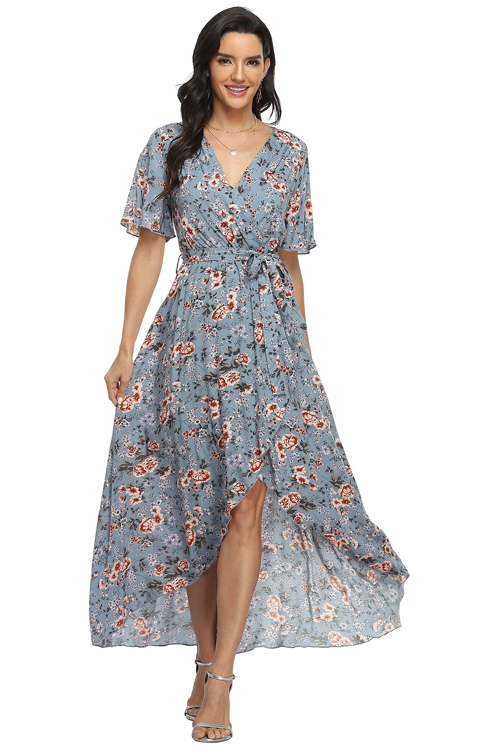 Women's Wrap V Neck Floral Summer Dresses Maxi