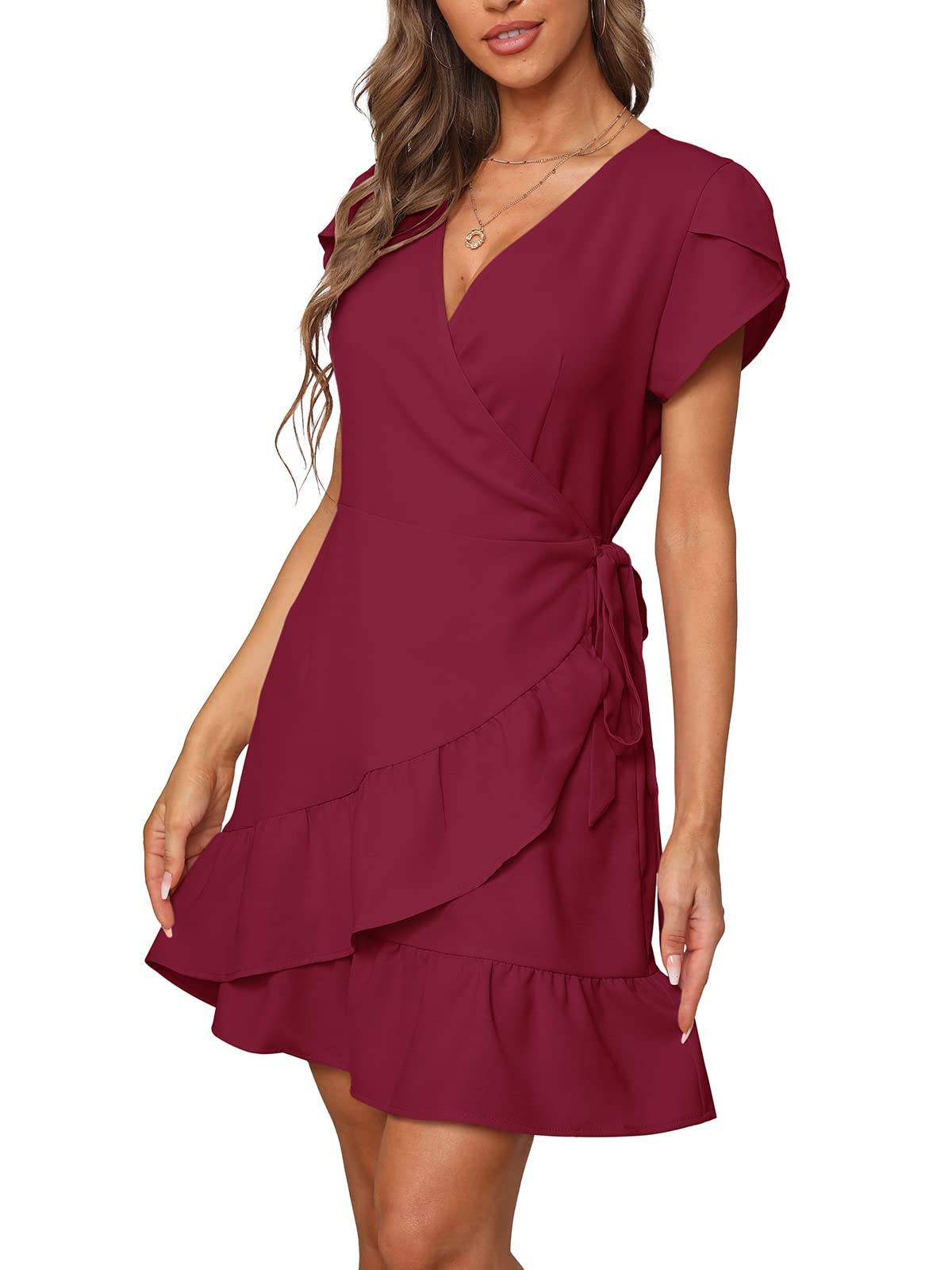 Summer V Neck Wrap Short Dress with Belt for Women