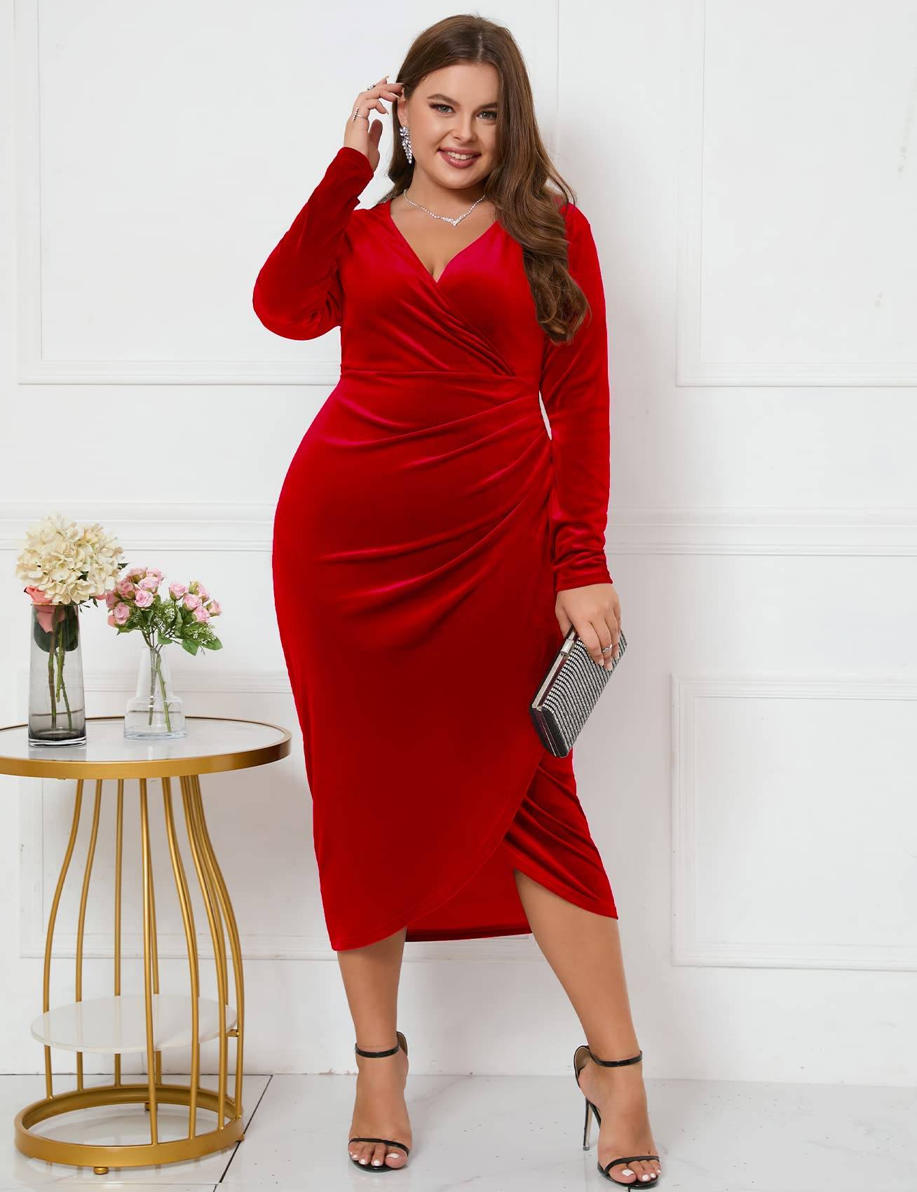 Plus Size Wrap Long Sleeves Ruffle Party Dress