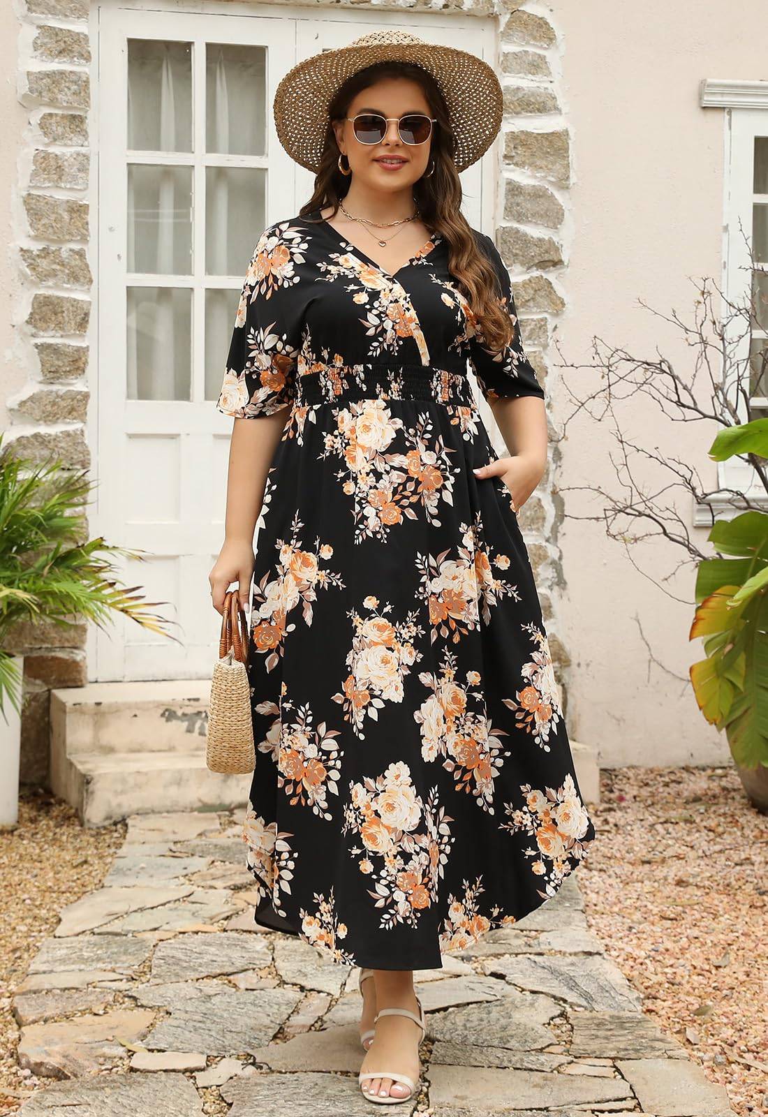 Womens Plus Size Boho Print Maxi Dress with Pocket