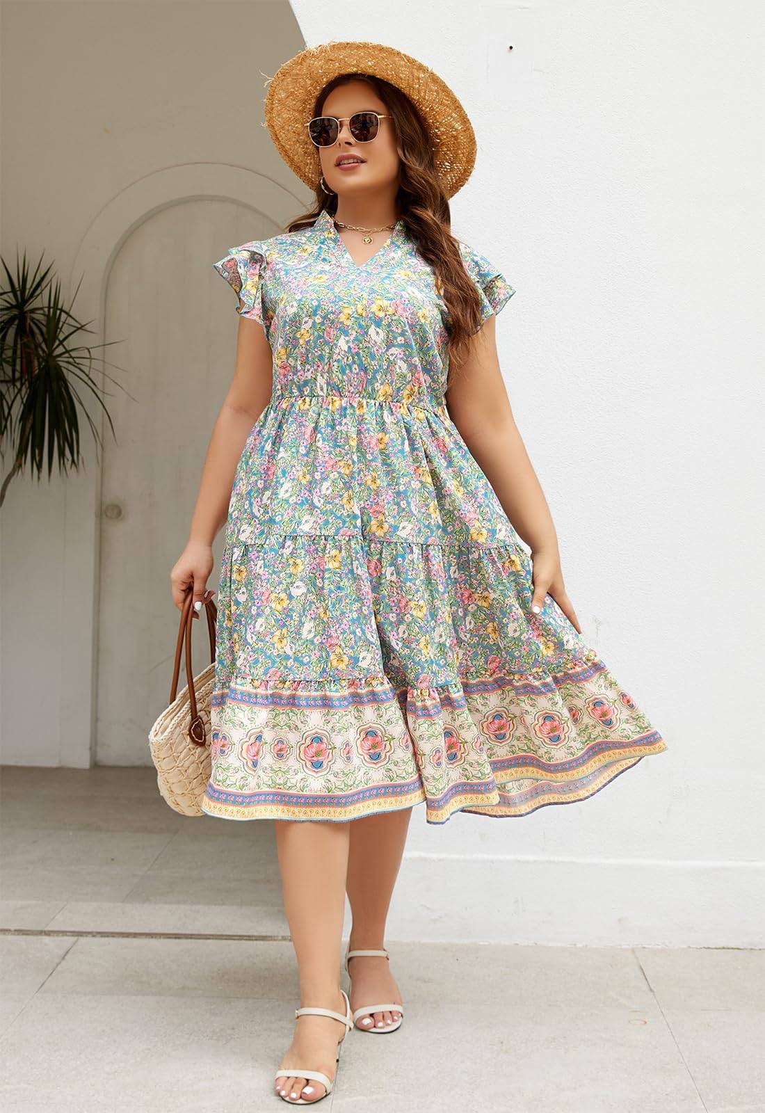 Plus Size Midi DressesWomen Boho Floral Dress