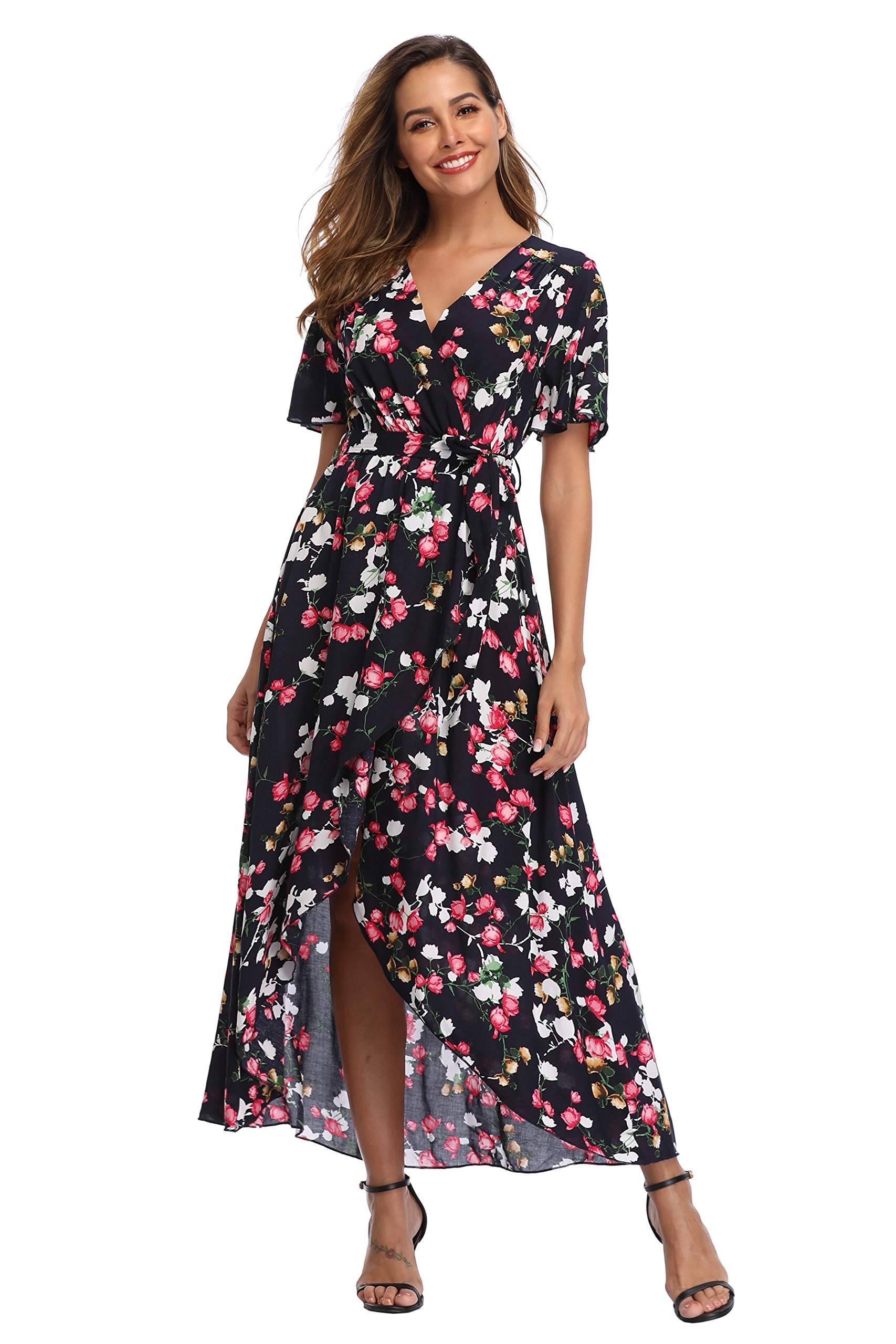 Women's Wrap V Neck Floral Summer Dresses Maxi