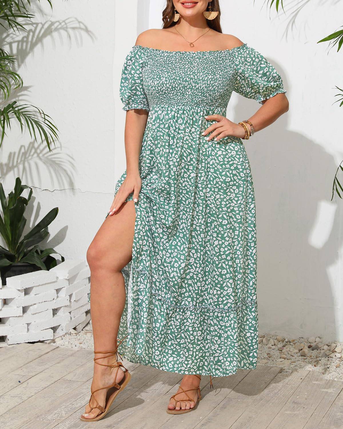 Women Plus Size Maxi Boho Sundress with Pocket