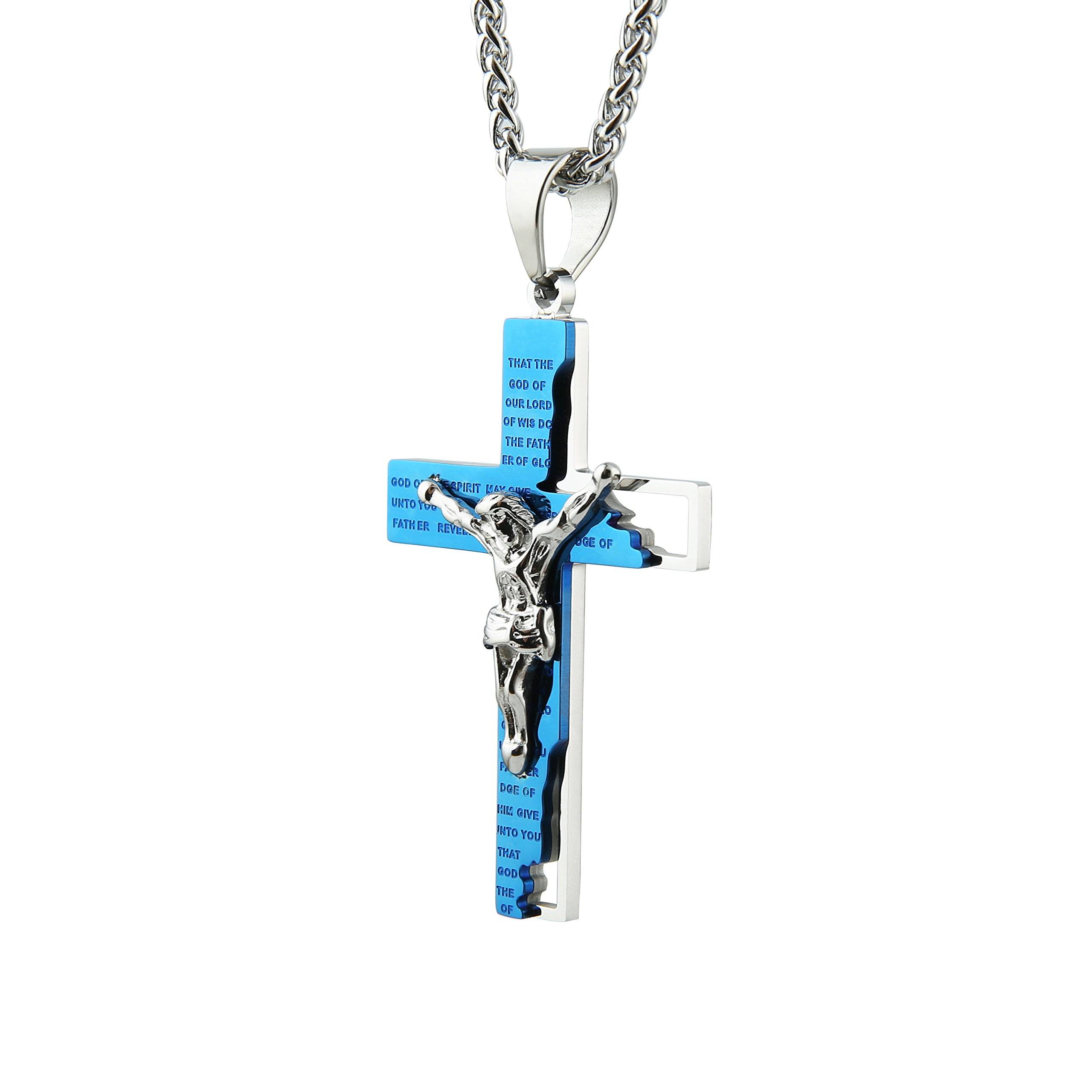 Men's Stainless Steel Cross Crucifix Bible Prayer Pendant Necklace 22+2" Chain