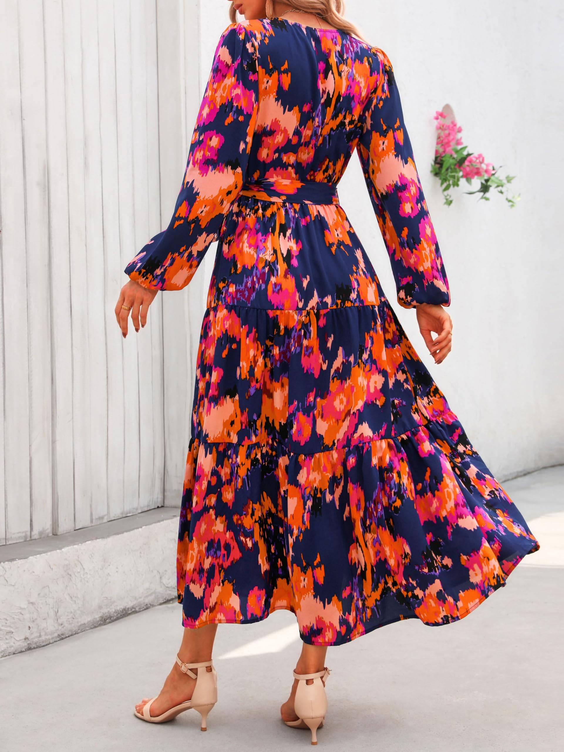 Womens Long Sleeve V Neck Floral Maxi Dress Boho