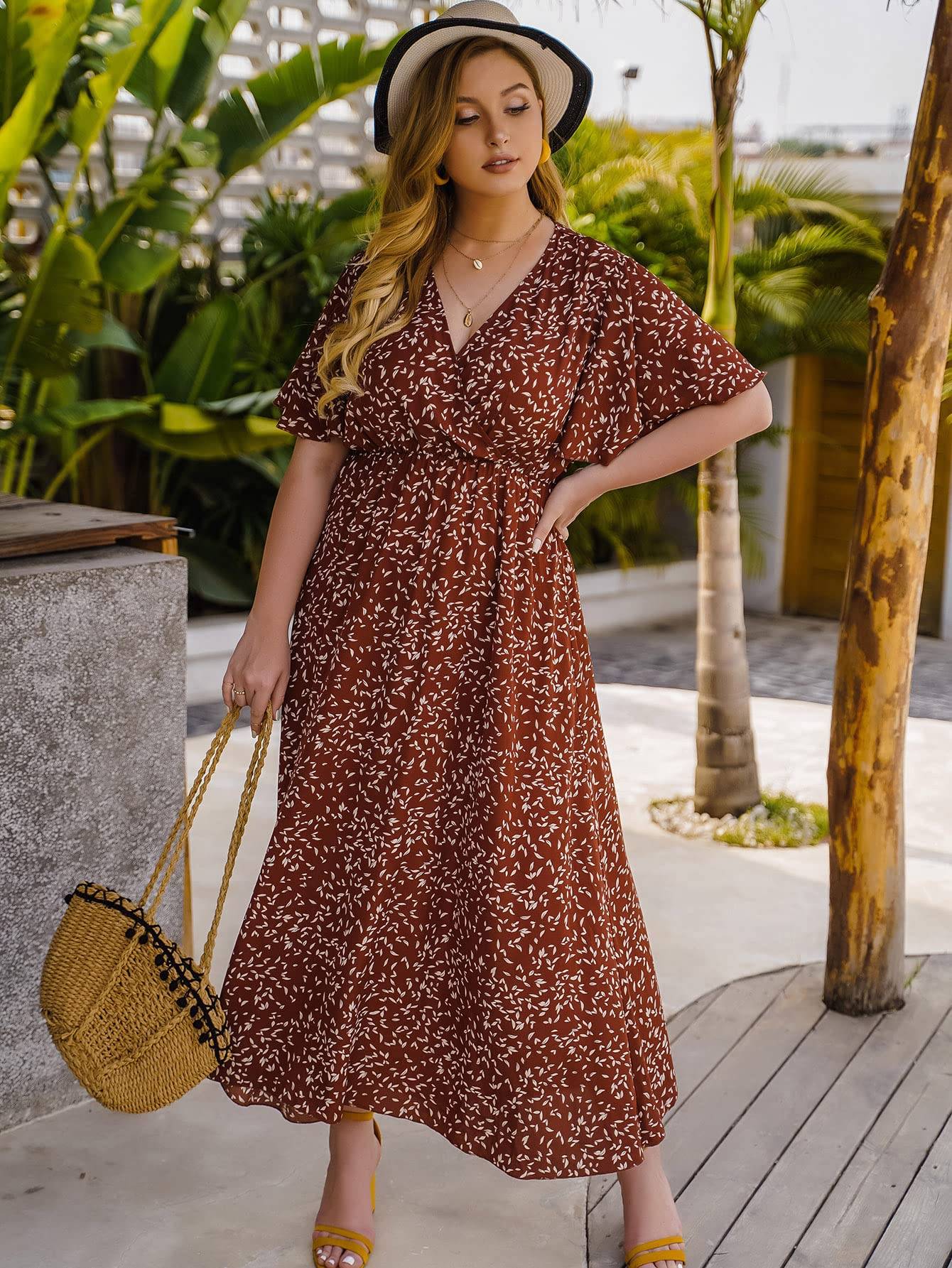 Women's Plus Size Boho Floral V Neck A Line Dress