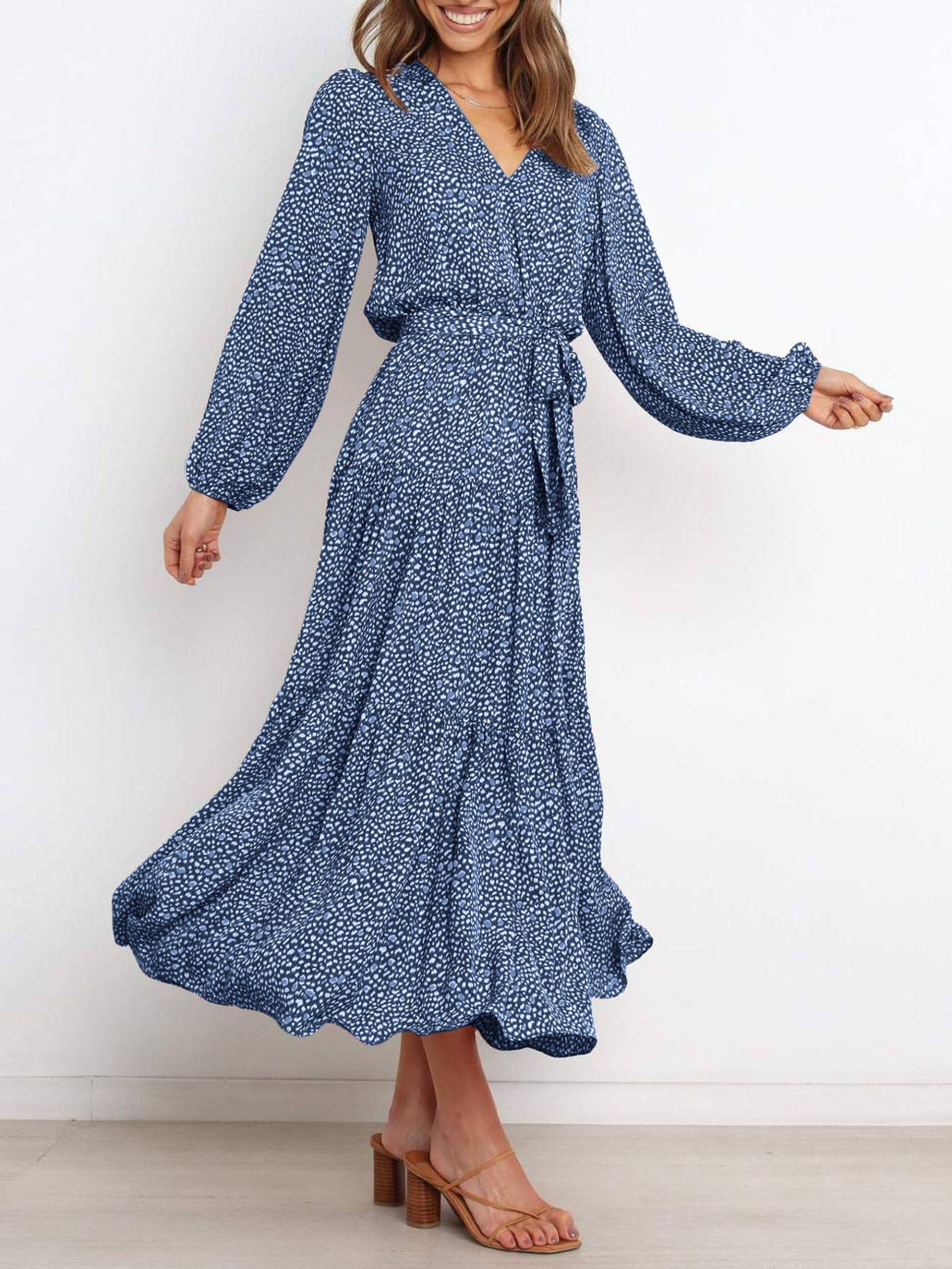 Womens Long Sleeve V Neck Floral Maxi Dress Boho