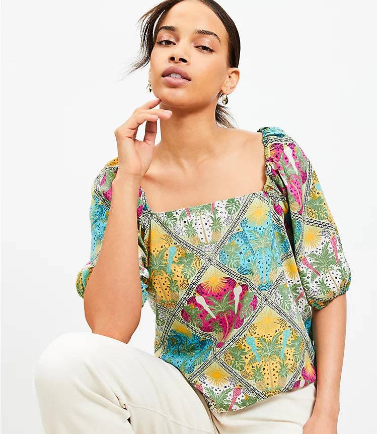 Palm Bubble Sleeve Square Neck Blouse Printed