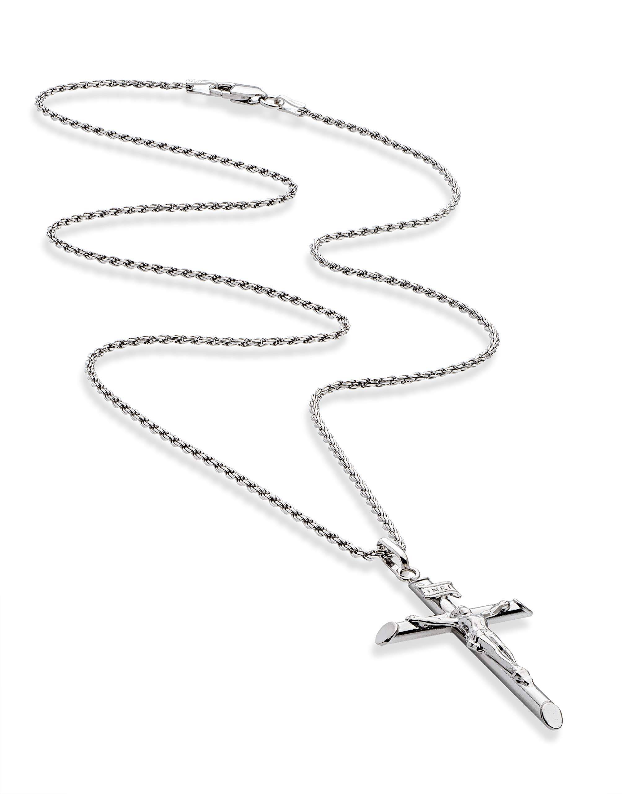 Plated 925 Sterling Silver Small or Large Crucifix Necklace for Men Women, Cross Pendant with Rope Chain