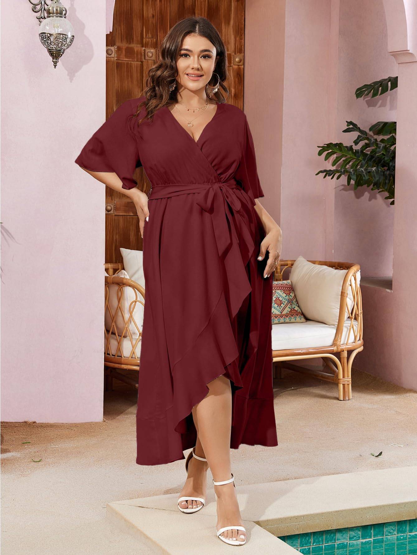 Women Plus Size Short Sleeve Wrap V Neck Dress