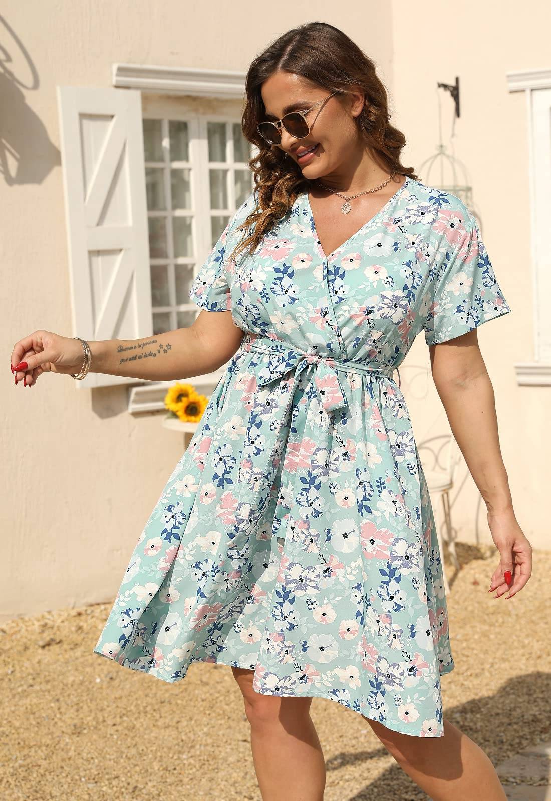 Womens Plus Size Boho Wrap Dress Floral Print