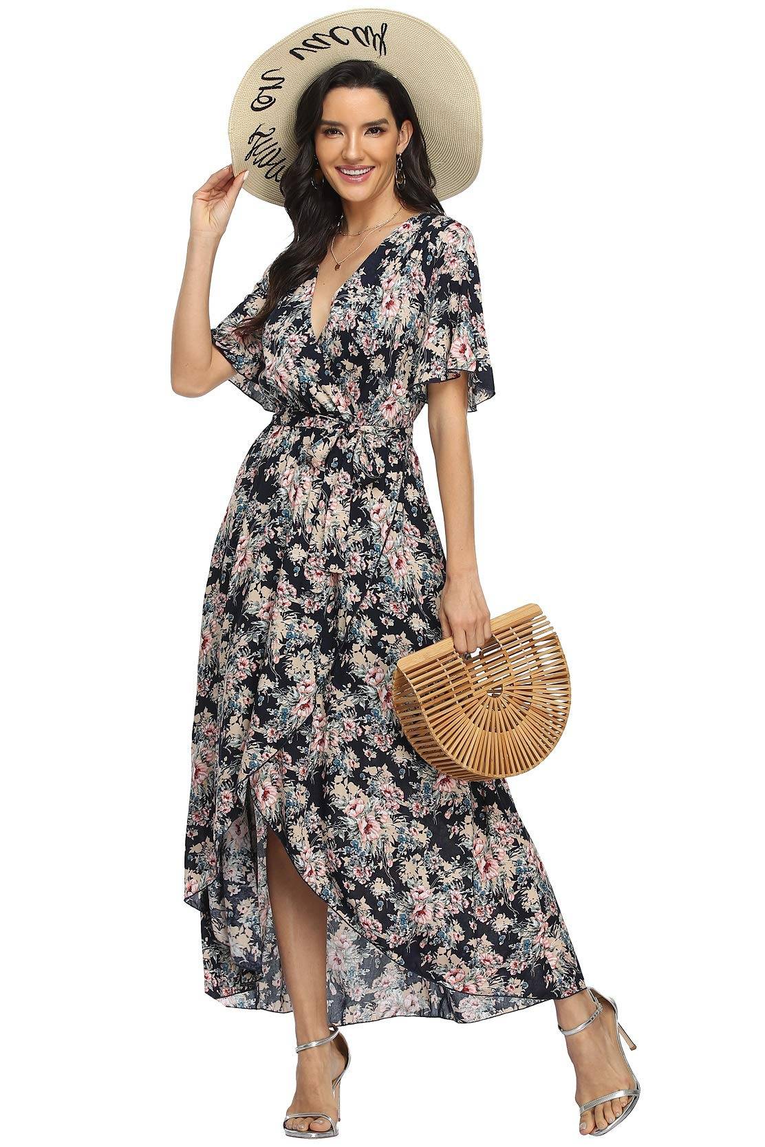 Women's Wrap V Neck Floral Summer Dresses Maxi