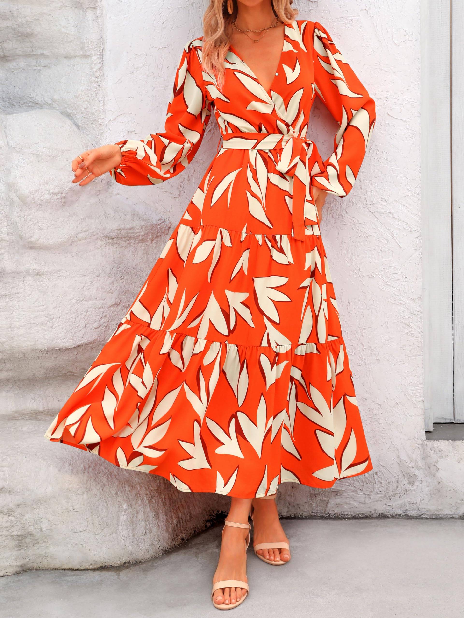 Womens Long Sleeve V Neck Floral Maxi Dress Boho