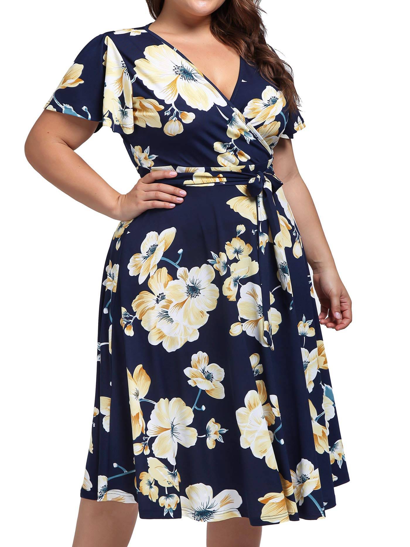 Plus Size Womens V Neck Floral Party Midi Dresses