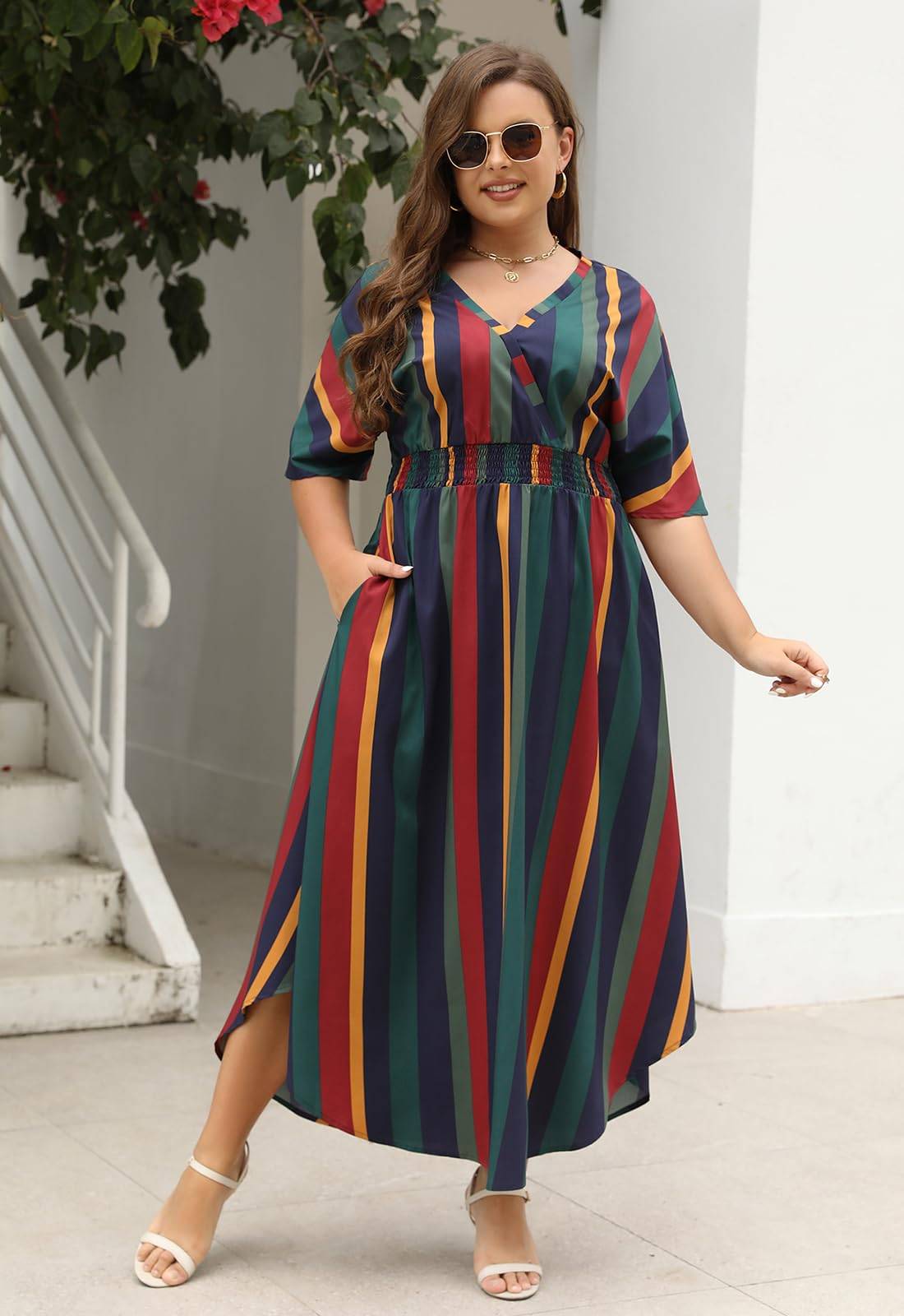 Womens Plus Size Boho Print Maxi Dress with Pocket