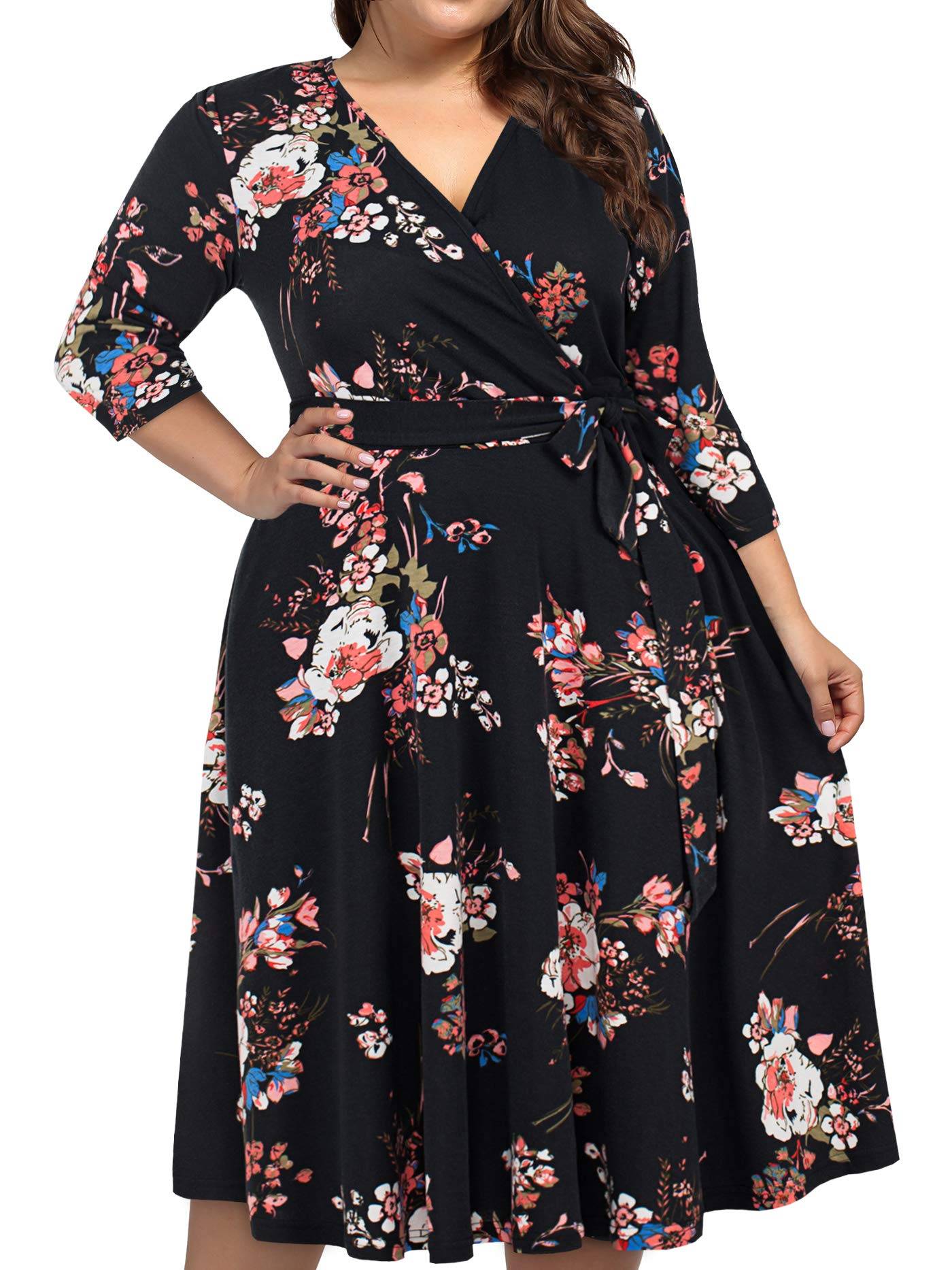 Plus Size Womens V Neck Floral Party Midi Dresses