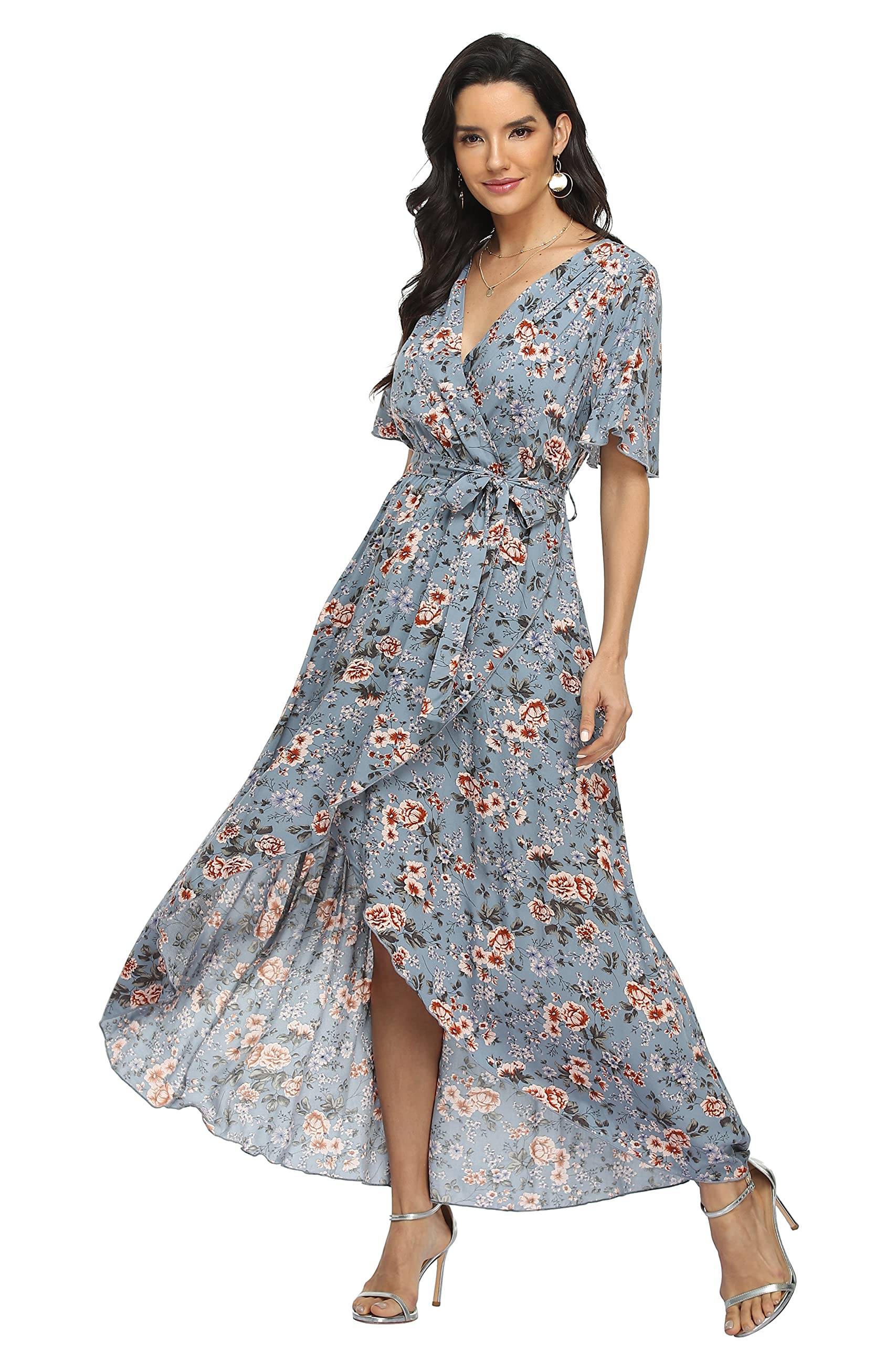 Women's Wrap V Neck Floral Summer Dresses Maxi