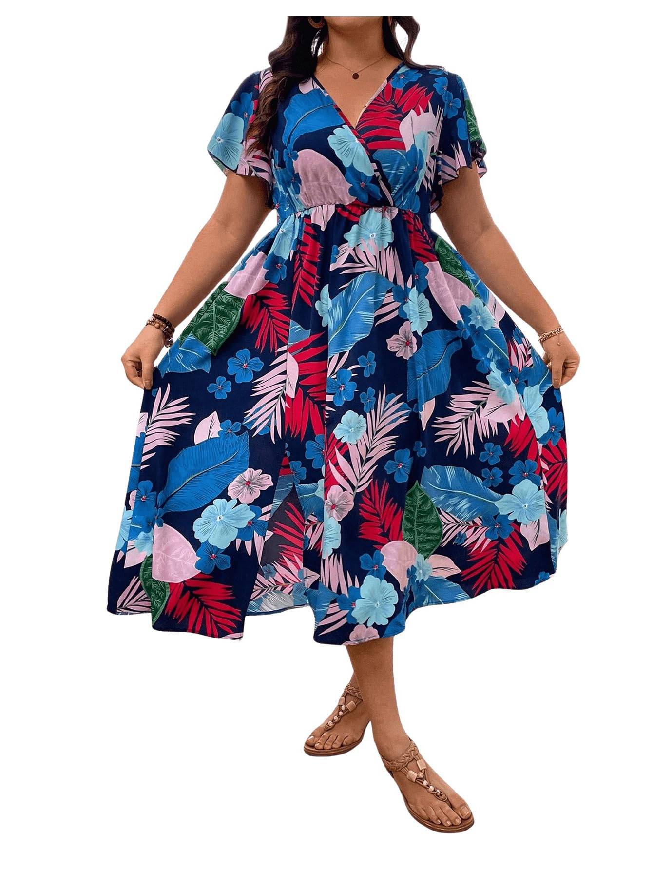 Women's Plus Size Boho Floral V Neck A Line Dress