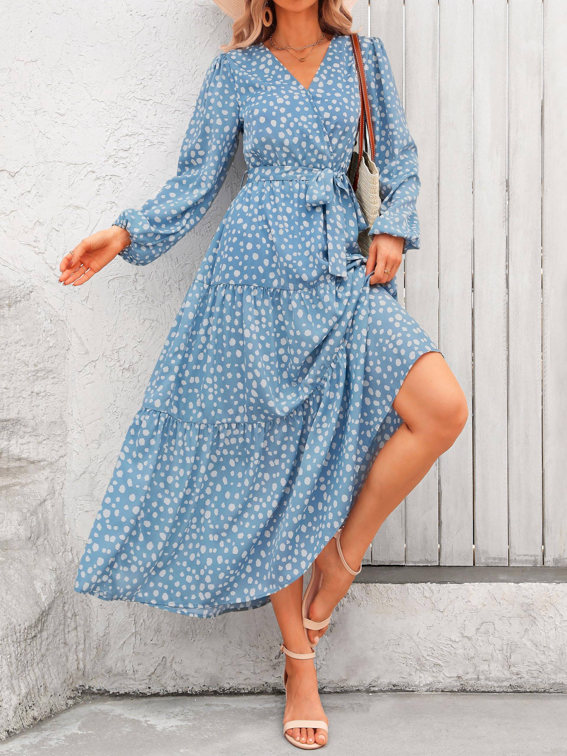 Womens Long Sleeve V Neck Floral Maxi Dress Boho