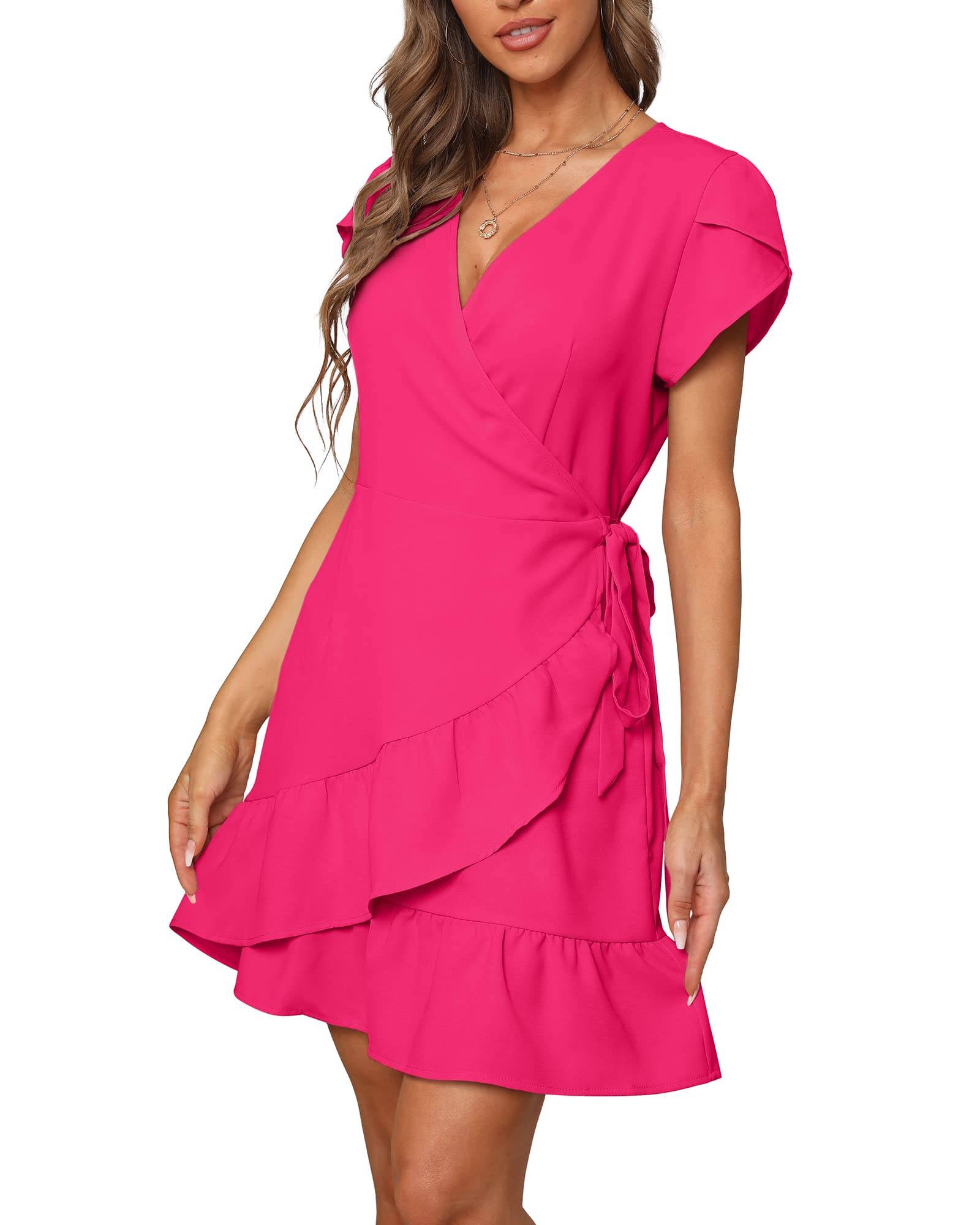 Summer V Neck Wrap Short Dress with Belt for Women