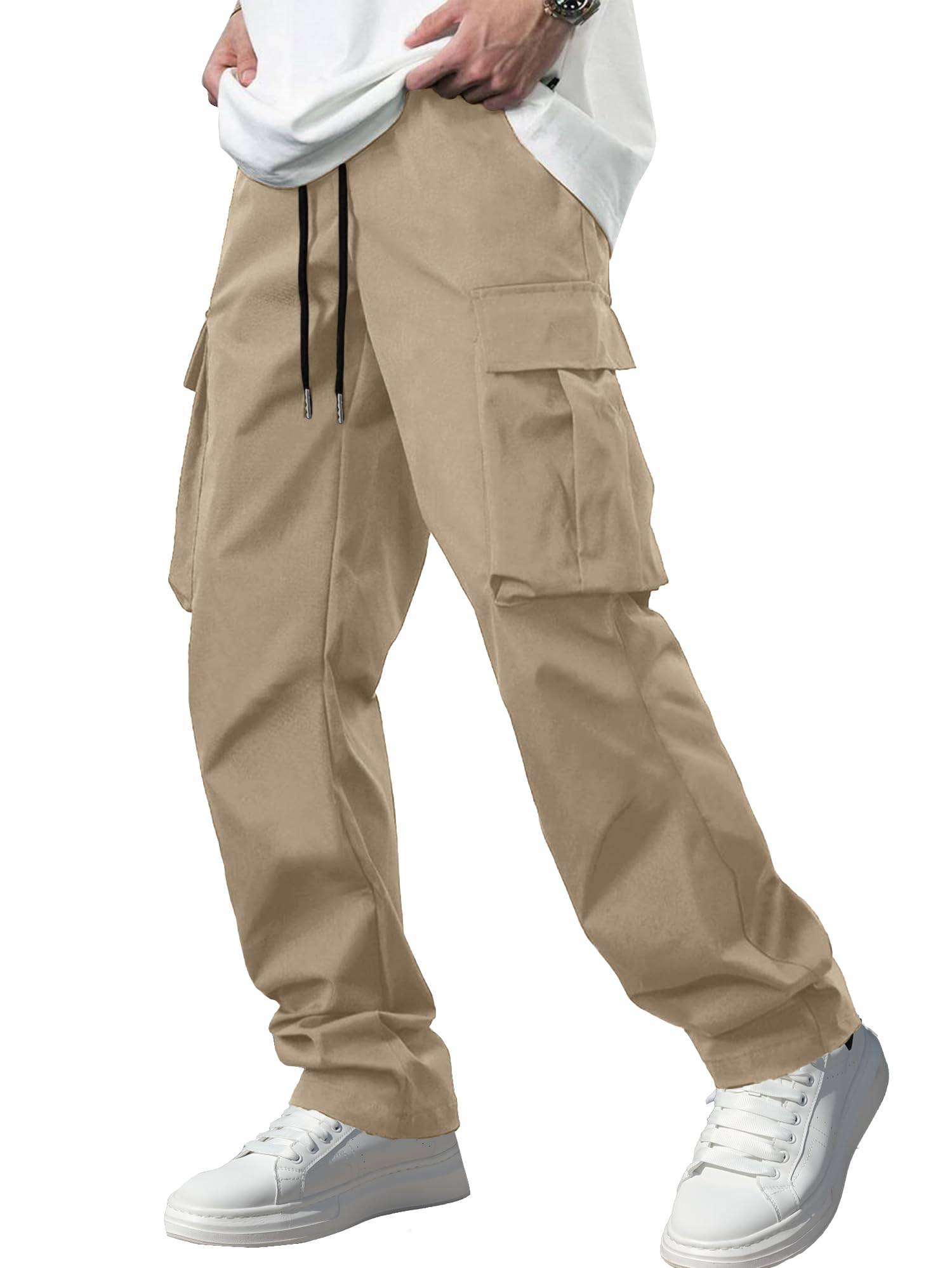 Men's Casual Cargo Pants Workout Joggers Stretch Sweatpants Hiking Drawstring Tactical Pants with Multi Pockets