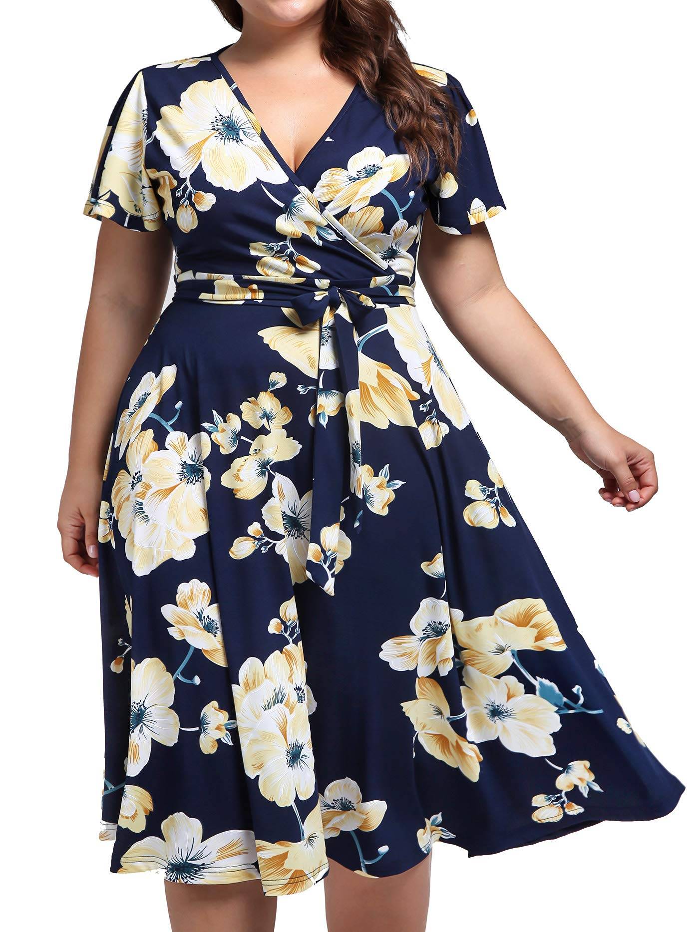 Plus Size Womens V Neck Floral Party Midi Dresses