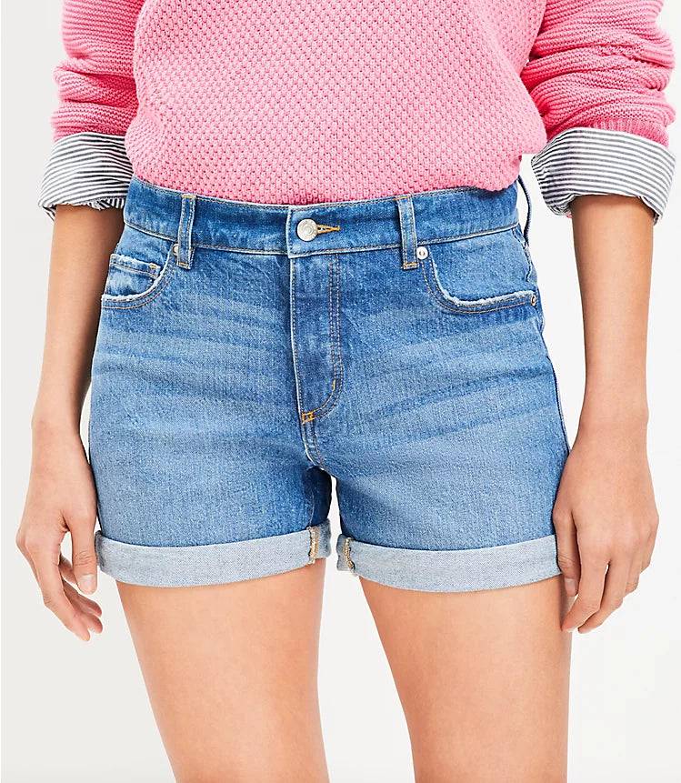 Mid Rise Denim Roll Shorts in Medium Wash