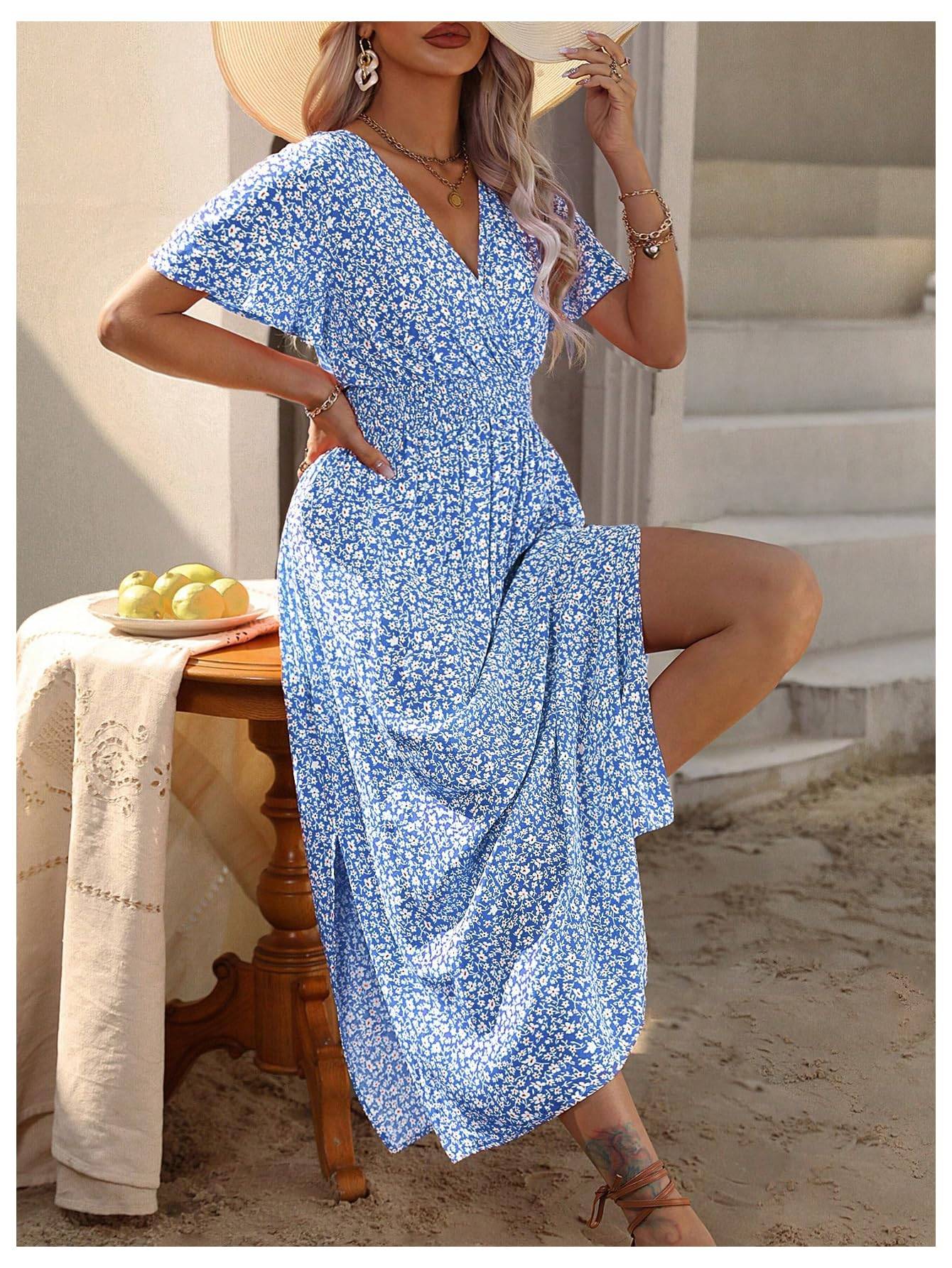 Women's Plus Size Boho Floral V Neck A Line Dress