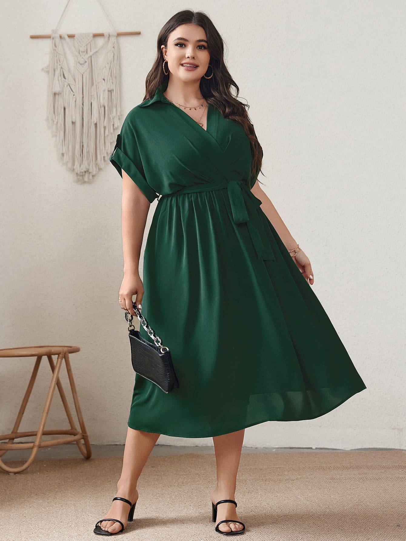 Womens Plus Size Midi Dress A line Wrap Tie Dress