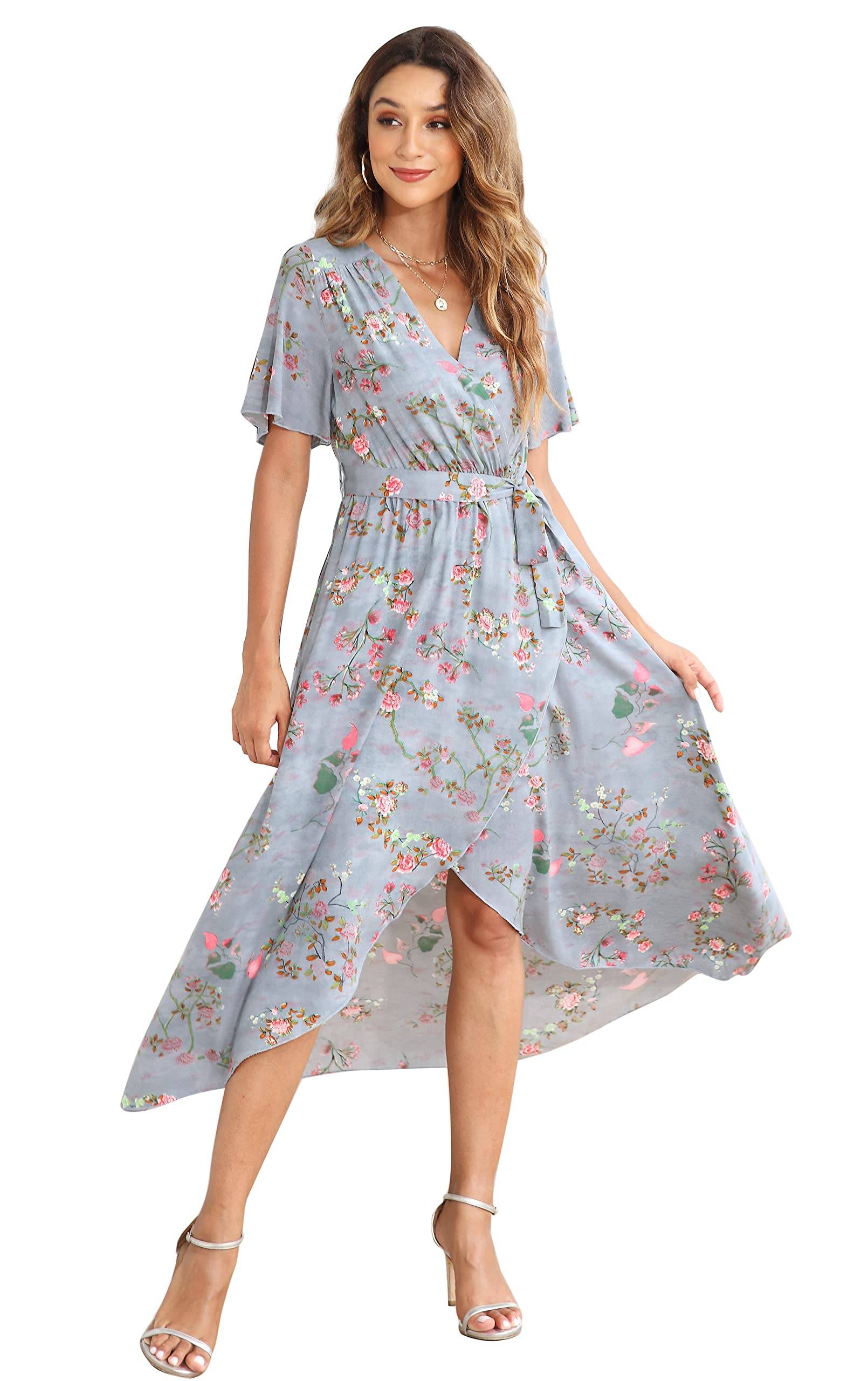 Women's Wrap V Neck Floral Summer Dresses Maxi