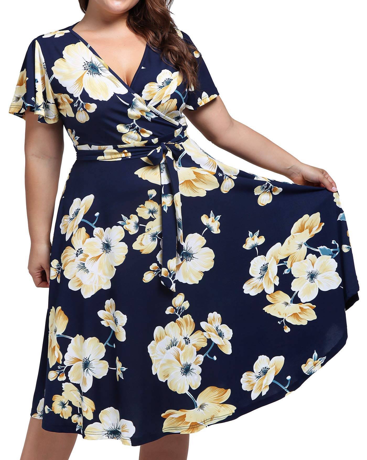 Plus Size Womens V Neck Floral Party Midi Dresses